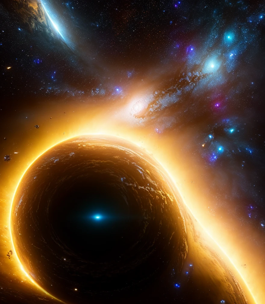 "extremely detailed cosmic black hole, thousands of galaxies, yellow and blue glowing lights, intricately detailed, breathtaking, Epic, cinematic, brilliant, stunning, intricate, meticulously detailed, atmospheric maximalist digital matte painting, 8k resolution, dynamic lighting, trending on artstation, unreal engine 5, volumetric lighting, beautiful composition"