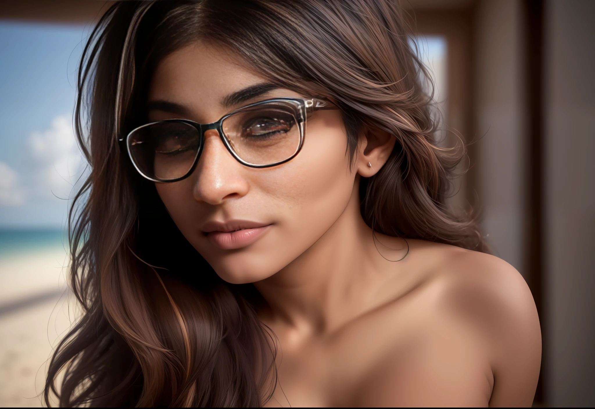 Mia Khalifa, a naked adult woman, hair is wild and messy, focused eyes, shadows on the face, wide-angle, sense of unease, danger, (masterpiece:1.3), (best_quality:1.3), (ultra_detailed:1.3), 8k, extremely_clear, realism, (ultrarealistic:1.3)