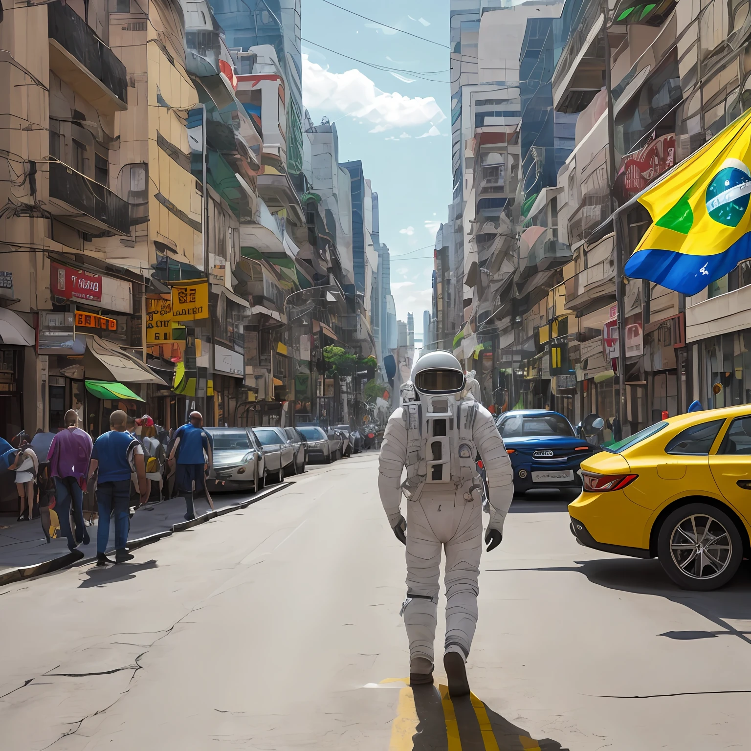 Astronaut, walking through the city, with Brazilian flag in hand, among the cars, best quality, real 4K, in HD,