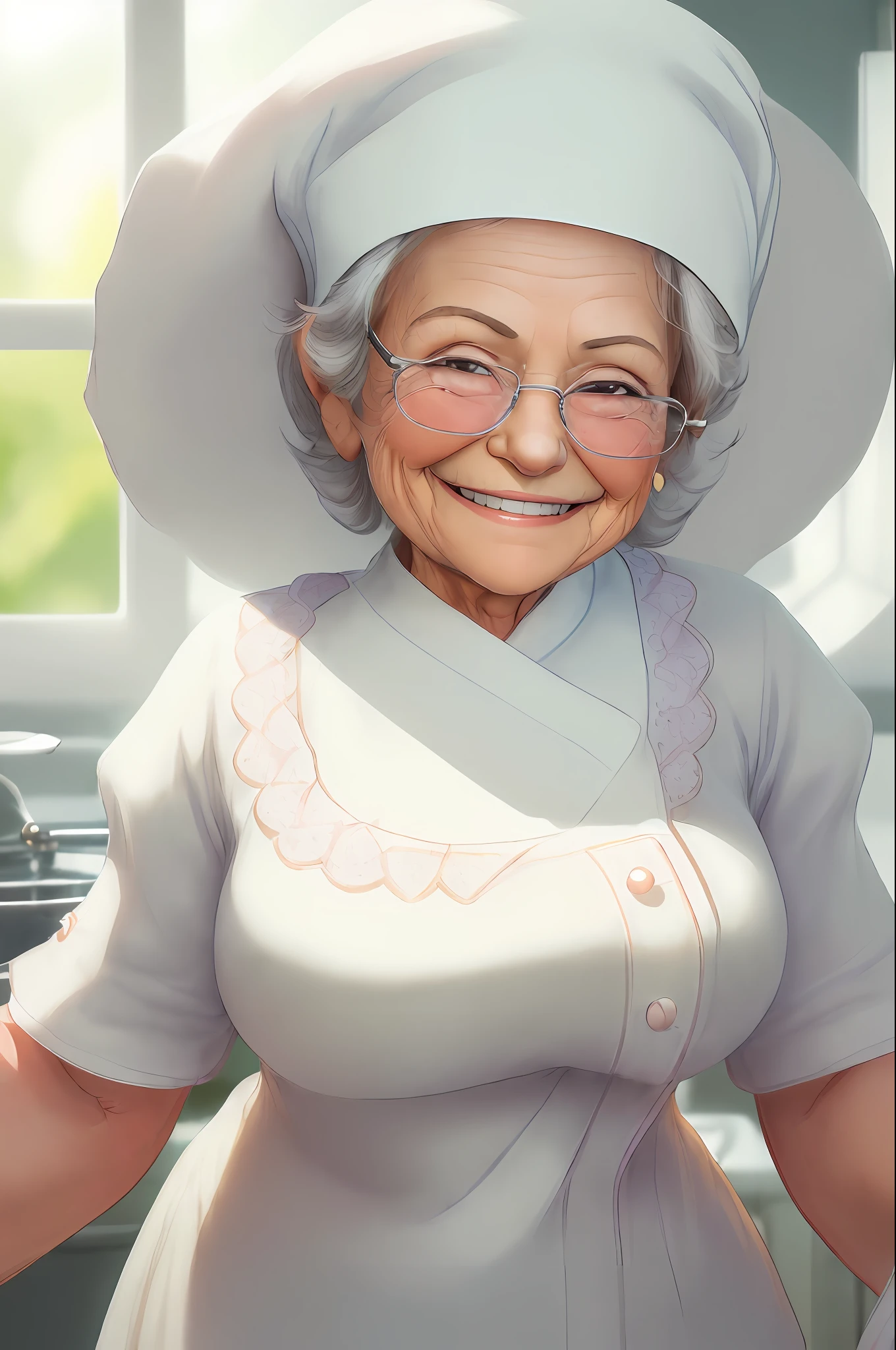 ((best quality)), (detailed), (high resolution and sharpness:1.4), (cute granny smiling in white cook outfit and hat:1.8), (latin woman face:1.5), , (close-up: 1.4), (centered:1.5), (against dark background:1.3), (looking into camera lens:1.4), (bright eyes:1.3), (window lighting:1.4), (perfect studio lighting:1 ,3), parted lips, (sharp focus:1.4), (high resolution photography:1.2), ultra detailed, highly detailed, (high definition:1.2), (perfect composition:1.2), intricate, (cute and beautiful: 1.3), award-winning photography, professional color grading, octane, unrealistic, vibrant colors, (pixar style: 1.5)