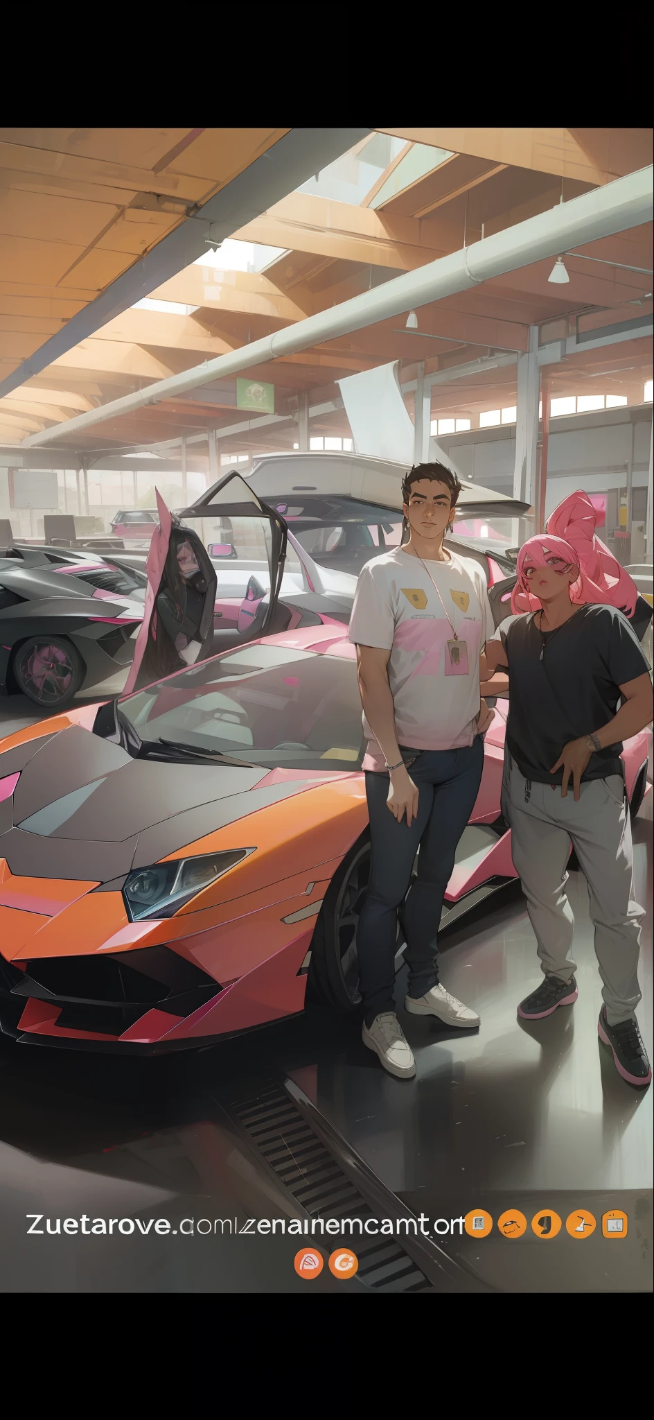 maneemana style,Portrait drawing of (pink girl:1.2) in lamborghini aventador, forerst,SuperCar