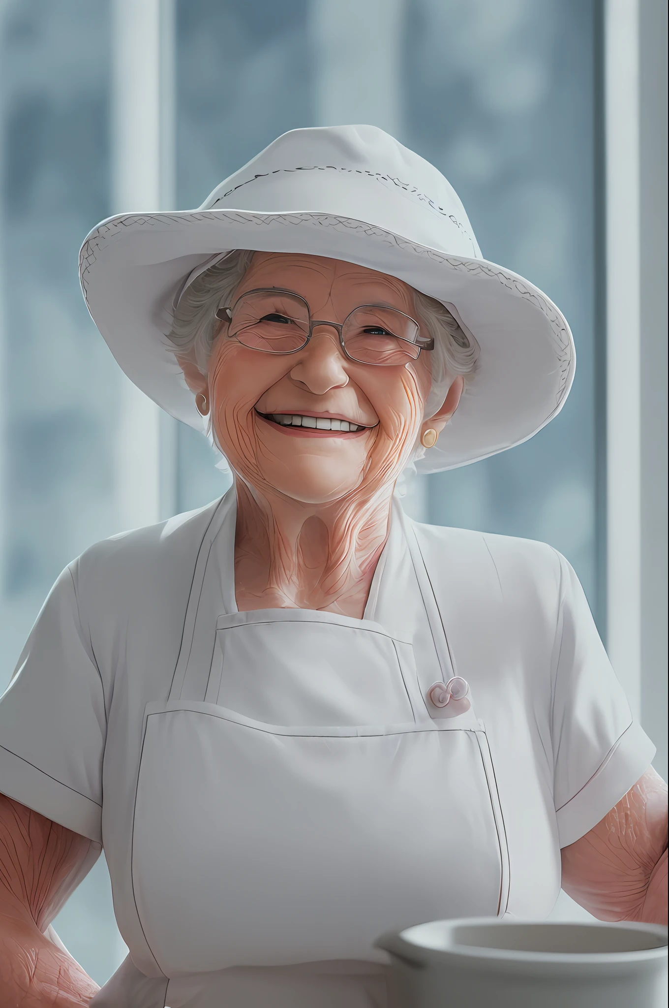 ((best quality)), (detailed), (high resolution and sharpness:1.4), (cute granny smiling in white cook outfit and hat:1.8), (latin woman face:1.5), , (close-up: 1.4), (centered:1.5), (against dark background:1.3), (looking into camera lens:1.4), (bright eyes:1.3), (window lighting:1.4), (perfect studio lighting:1 ,3), parted lips, (sharp focus:1.4), (high resolution photography:1.2), ultra detailed, highly detailed, (high definition:1.2), (perfect composition:1.2), intricate, (cute and beautiful: 1.3), award-winning photography, professional color grading, octane, unrealistic, vibrant colors, (pixar style: 1.5)