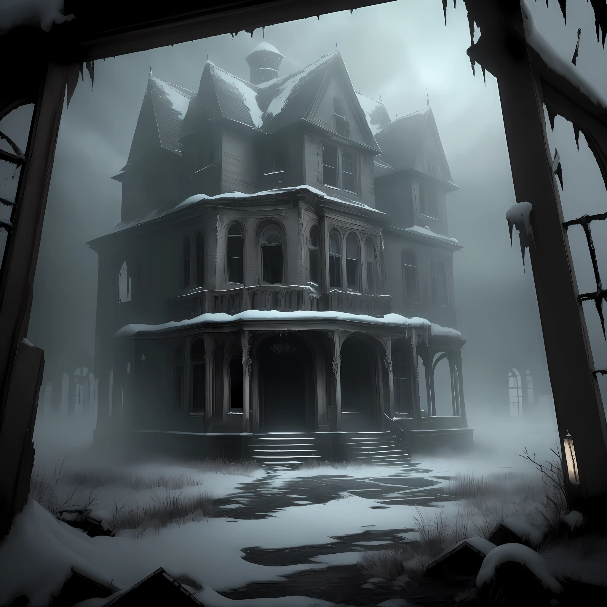 Sinister and abandoned mansion, plunged into darkness. Broken windows groan in the icy wind. Shadows dance across the weathered walls. Hidden mysteries and haunting secrets await the brave. A place where fear is your only companion.