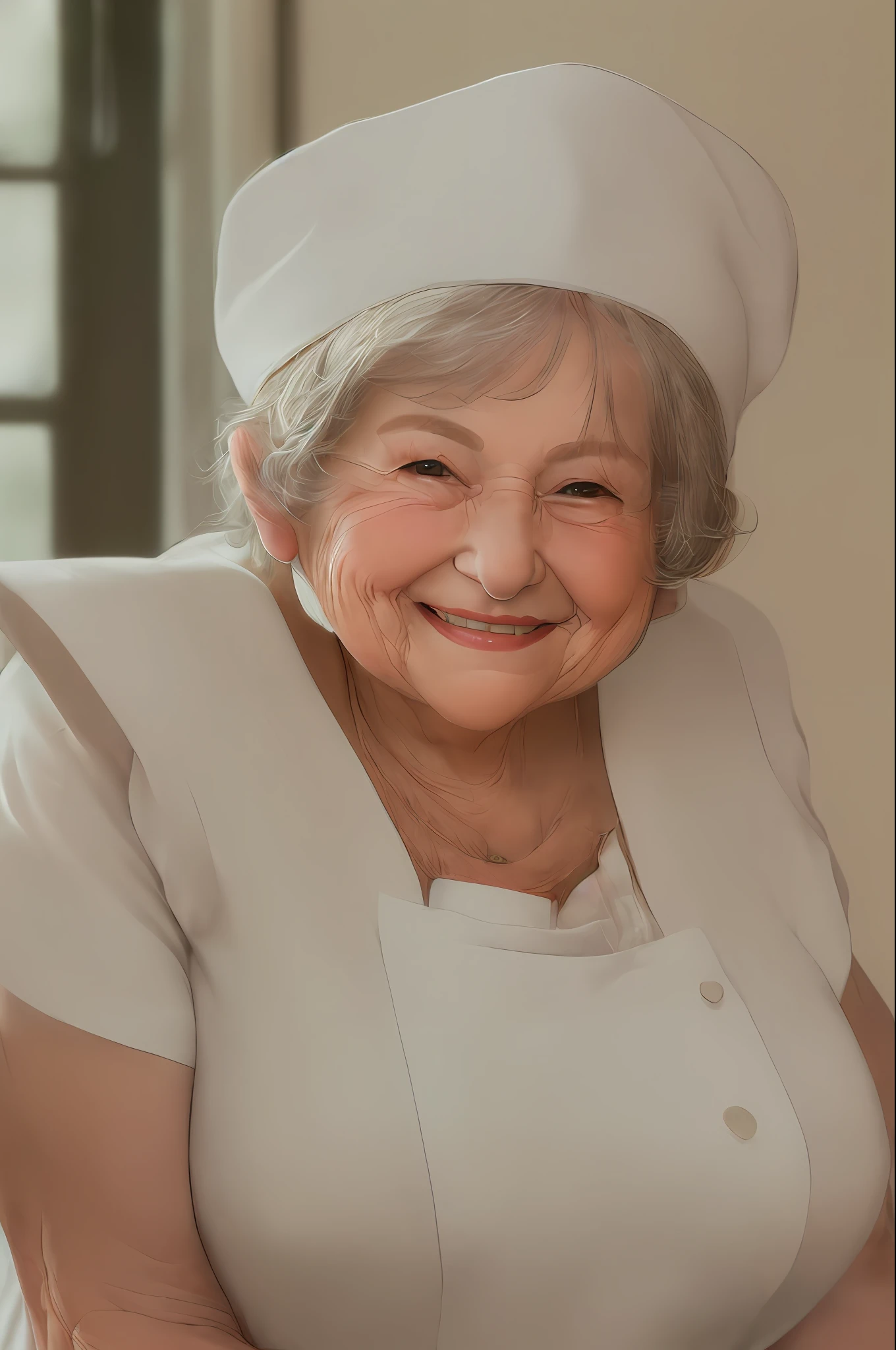 ((best quality)), (detailed), (high resolution and sharpness:1.4), (cute granny smiling in white cook outfit and hat:1.8), (latin woman face:1.5), , (close-up: 1.4), (centered:1.5), (against dark background:1.3), (looking into camera lens:1.4), (bright eyes:1.3), (window lighting:1.4), (perfect studio lighting:1 ,3), parted lips, (sharp focus:1.4), (high resolution photography:1.2), ultra detailed, highly detailed, (high definition:1.2), (perfect composition:1.2), intricate, (cute and beautiful: 1.3), award-winning photography, professional color grading, octane, unrealistic, vibrant colors, (pixar style: 1.5)