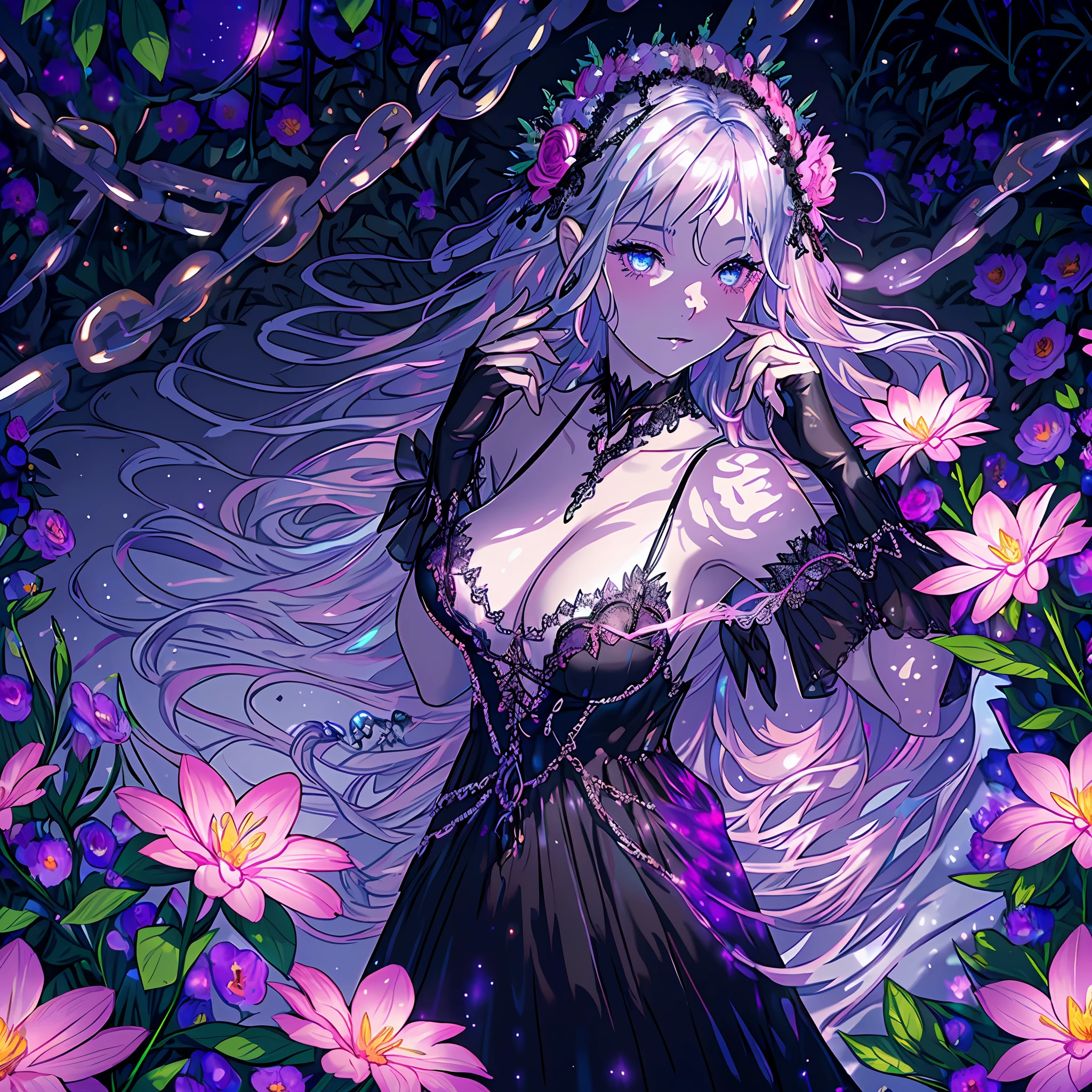 ((mystical and enchanting)), +((gothic and dark)), (sparkling), summer magic, in the middle of a breathtaking (old flower garden), (flower old garden), a((mature and confident)), full-body portrait of(1 girl), dressed in a luxurious black half-transparent gown, nude, with((shiny silver chains)), her straight ((pink hair)) flowing gently in the soft breeze, delightedly holding a big bouquet of (vibrant flowers), flower field, emanating an((arrogant aura)), (detailed), glowing light, sparkle, 4k, high quality, UHD, anatomically correct, HD