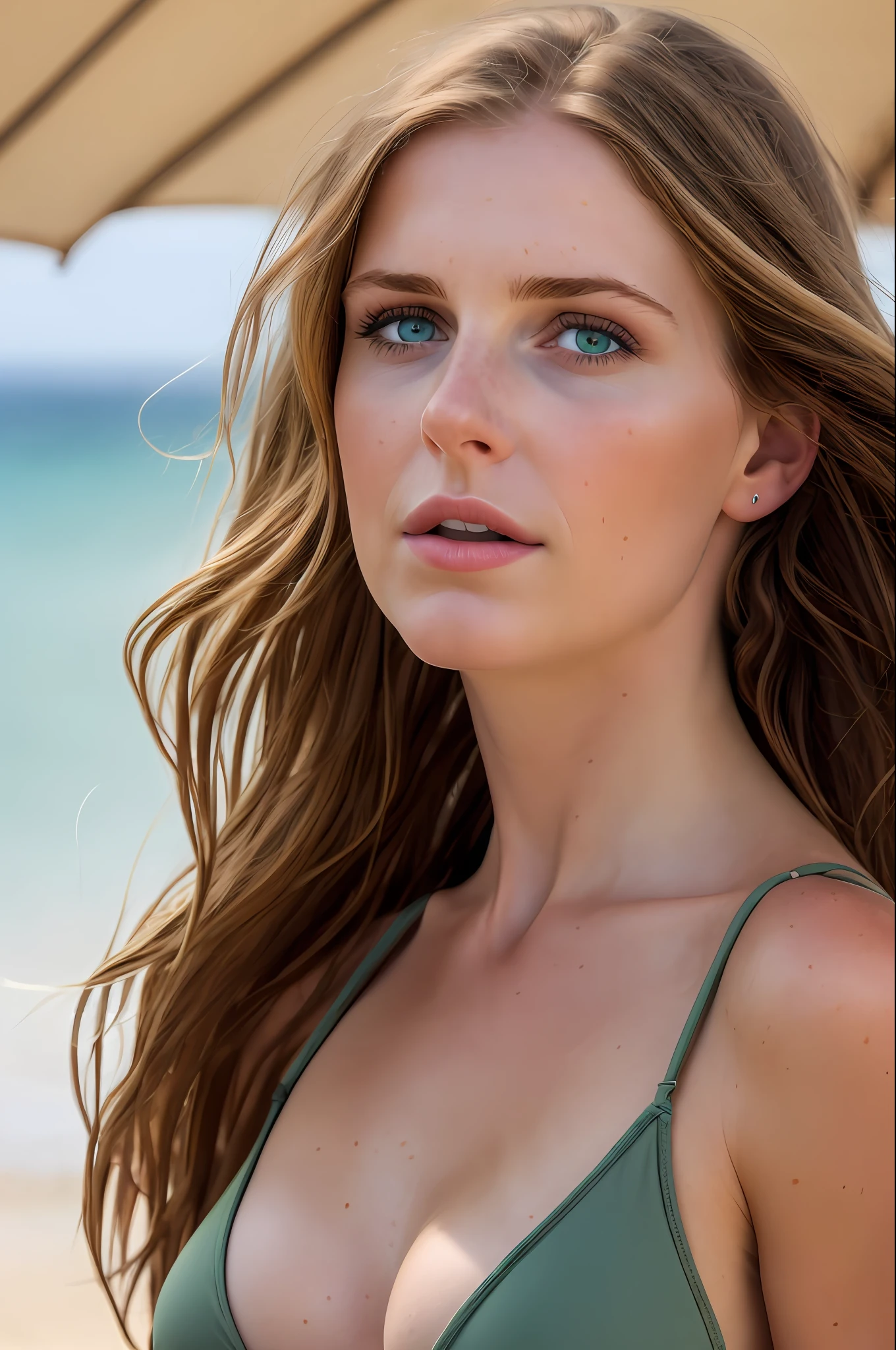 photorealistic, a realistic photo of a 25 year old girl wearing a bikini, brown hair in the wind, green eyes, beach, (1girl), (extremely detailed CG unit 8k wallpaper), photo of the world's most beautiful artwork world, majestic professional (photography by Steve McCurry), 8k uhd, dslr, soft lighting, high quality, film grain, sharp focus Fujifilm XT3, f 5.6, high detail, sharp focus, dramatic, (looking at viewer: 1.2) , (detailed pupils: 1.3), (natural light),