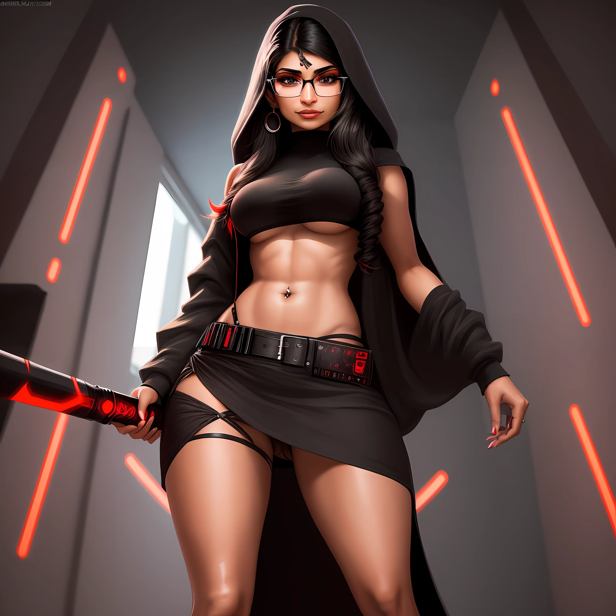 Mia Khalifa, sith, dressed in black, holding a red lightsaber in right hand, view of whole body