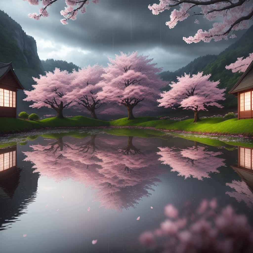 best quality, ultra high resolution, (photorealistic: 1.4),cherry blossom landscape rainy sky