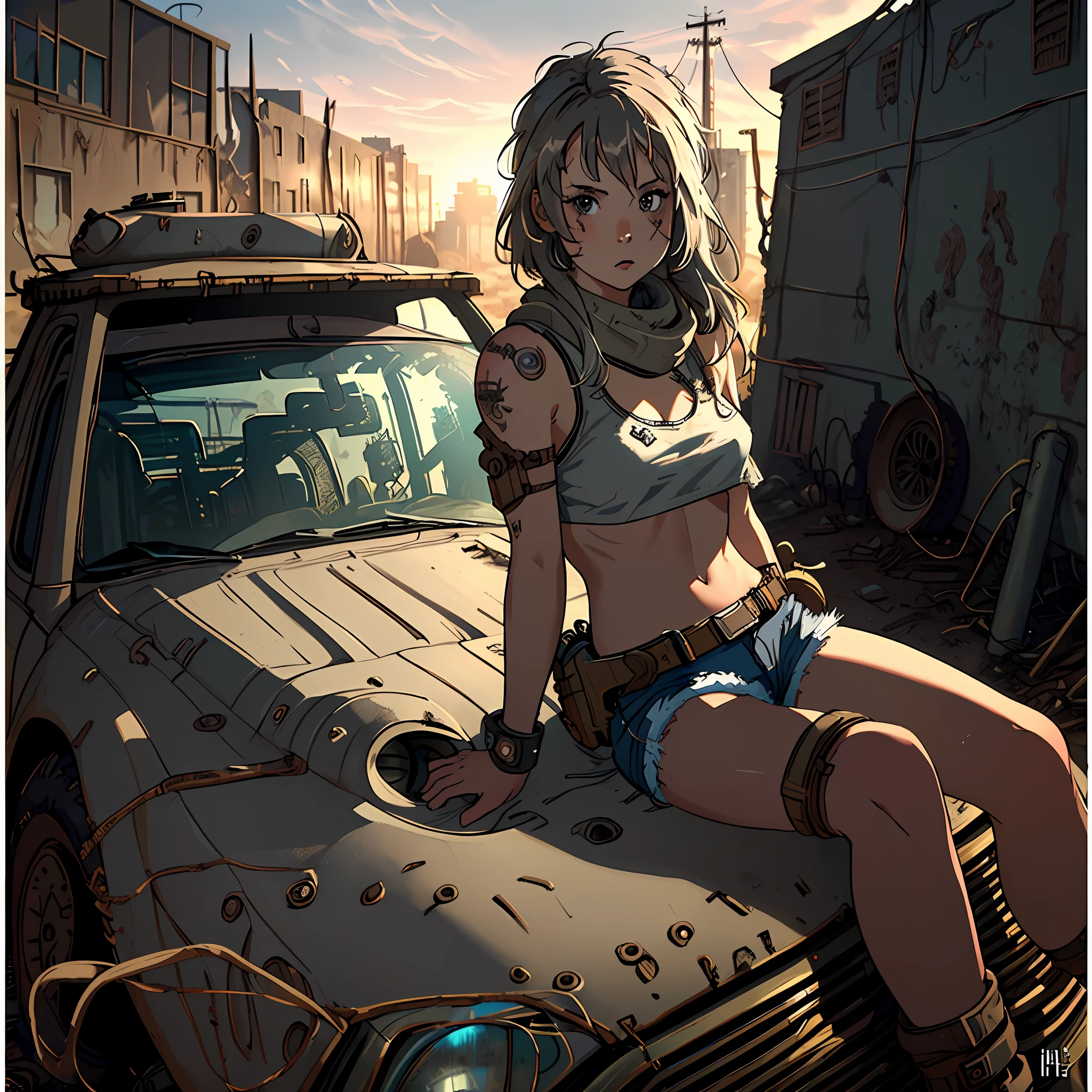 masterpiece, best quality, (1 girl), solo, short shorts, medium breasts, , (comfortable censorship: 1.2), room, apartment, wasteland background technique,, shirtless, raider girl, pensive, post-apocalyptic wasteland background, sitting on car bonnet