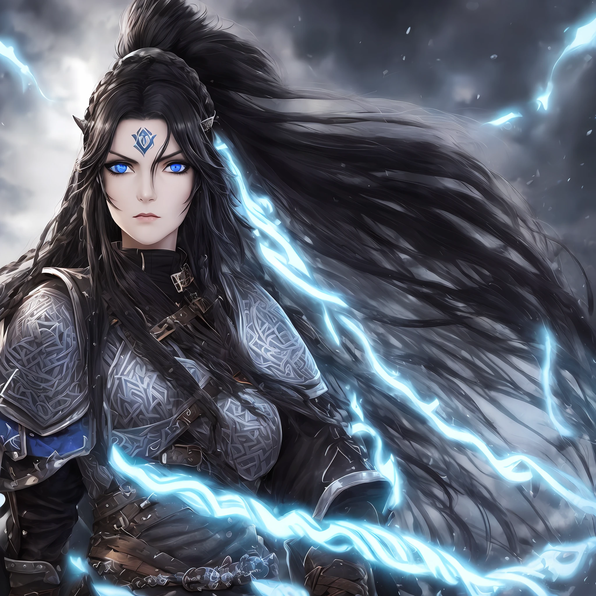Viking woman, With long, voluminous black hair and dreadlocks, Bright blue eyes, Black Viking makeup, With a serious expression, Wearing a black Viking outfit and, High resolution With perfect face