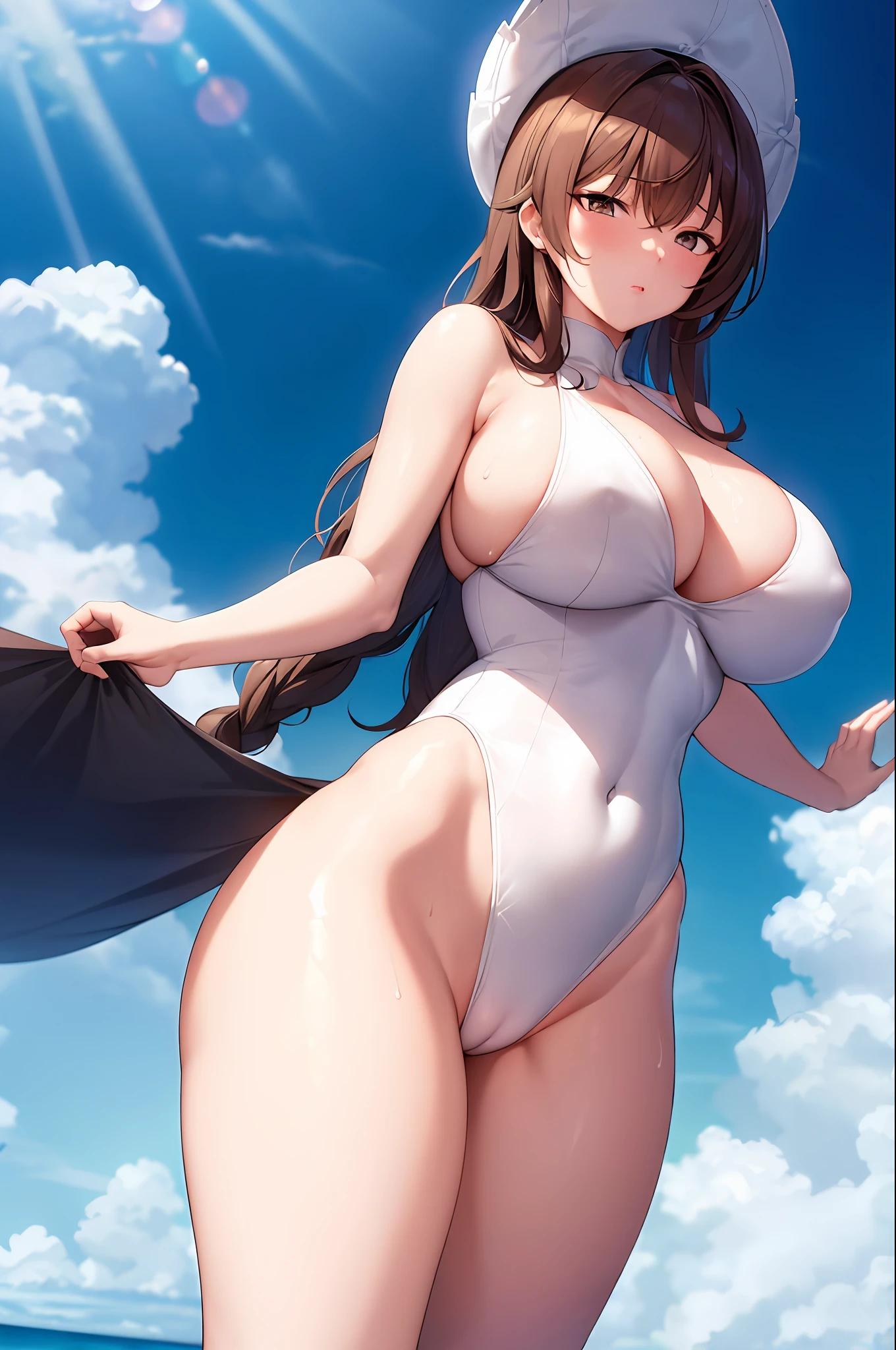 best quality,masterpiece,from_below,look_at_viewer,look_down,masterpiece,extremely detailed 8k CG unit,cinematic lighting, miaoqingqing, 1girl, swimsuit, solo, one-piece swimsuit with pokies, breasts, day, sky, cleavage, cloud , single braid , brown hair, casual one-piece swimsuit, white one-piece swimsuit, big breasts, hair over shoulder, cowboy shot, from below, from the front, looking at viewer, shamare, jumping, dynamic pose, looking to the viewer, huge breasts, huge ass, curvy, thick thighs, cameltoe with hair, blush, drop of sweat, standing, hands covering breasts, beach, sea, sunlight,