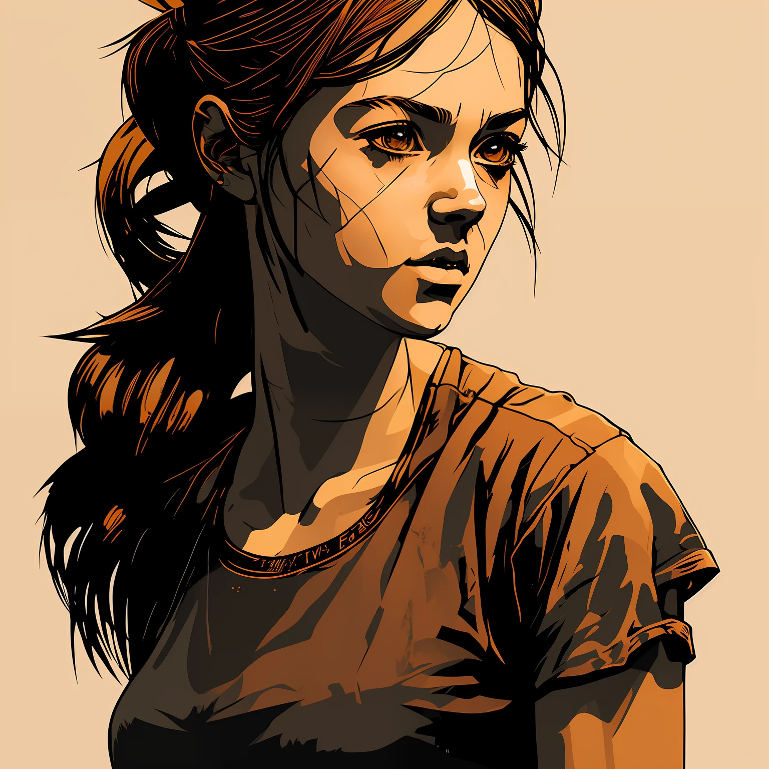 t-shirt design, 2D illustration, centered art, black background, face of EllieThe Last Of Us Game, gothic colors, mood of tension and terror, Adobe Illustration, Trending on Artstation, 8K, hd, masterpiece, gorgeous art, intricate details , -