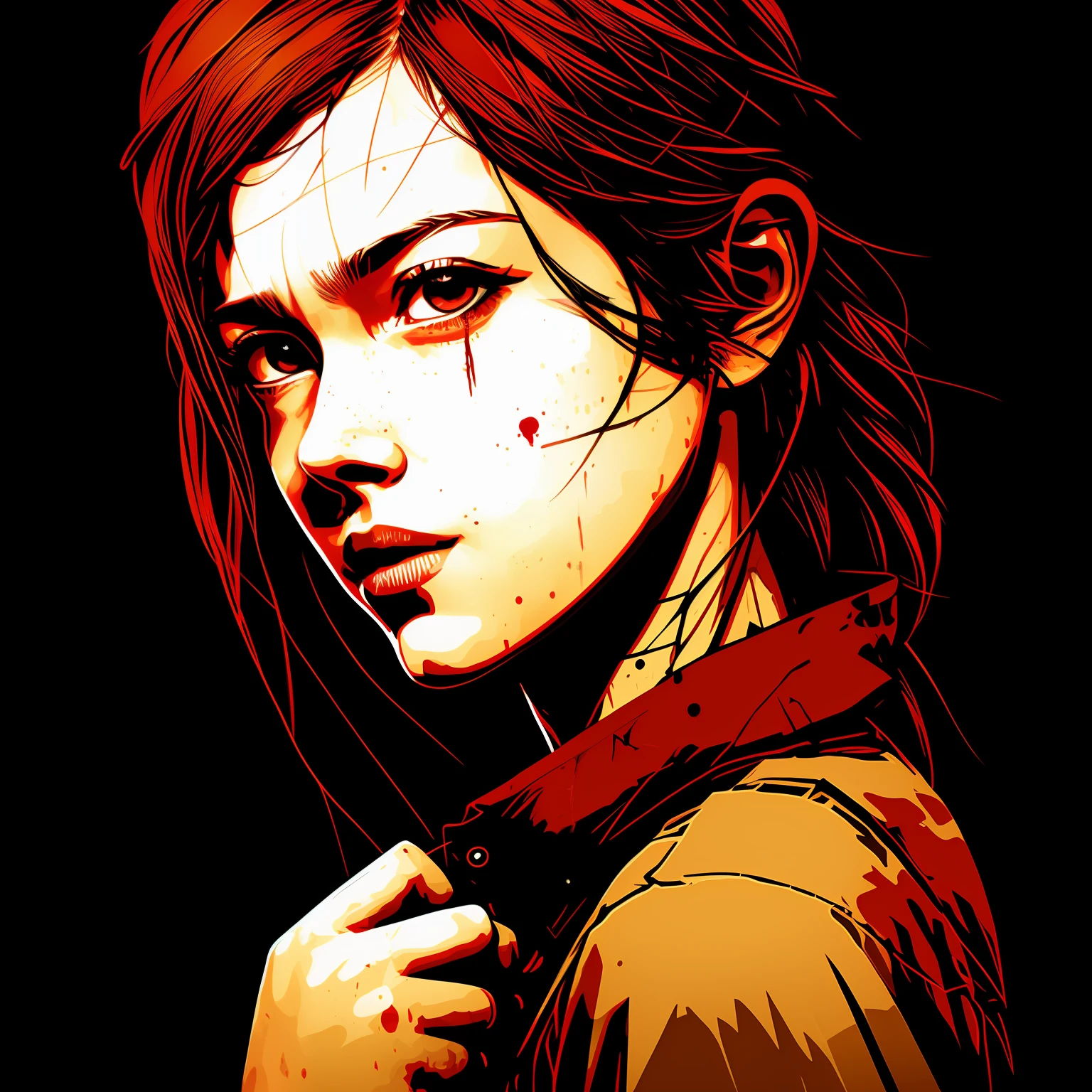 t-shirt design, 2D illustration, centered art, black background, face of EllieThe Last Of Us Game, gothic colors, mood of tension and terror, Adobe Illustration, Trending on Artstation, 8K, hd, masterpiece, gorgeous art, intricate details , -