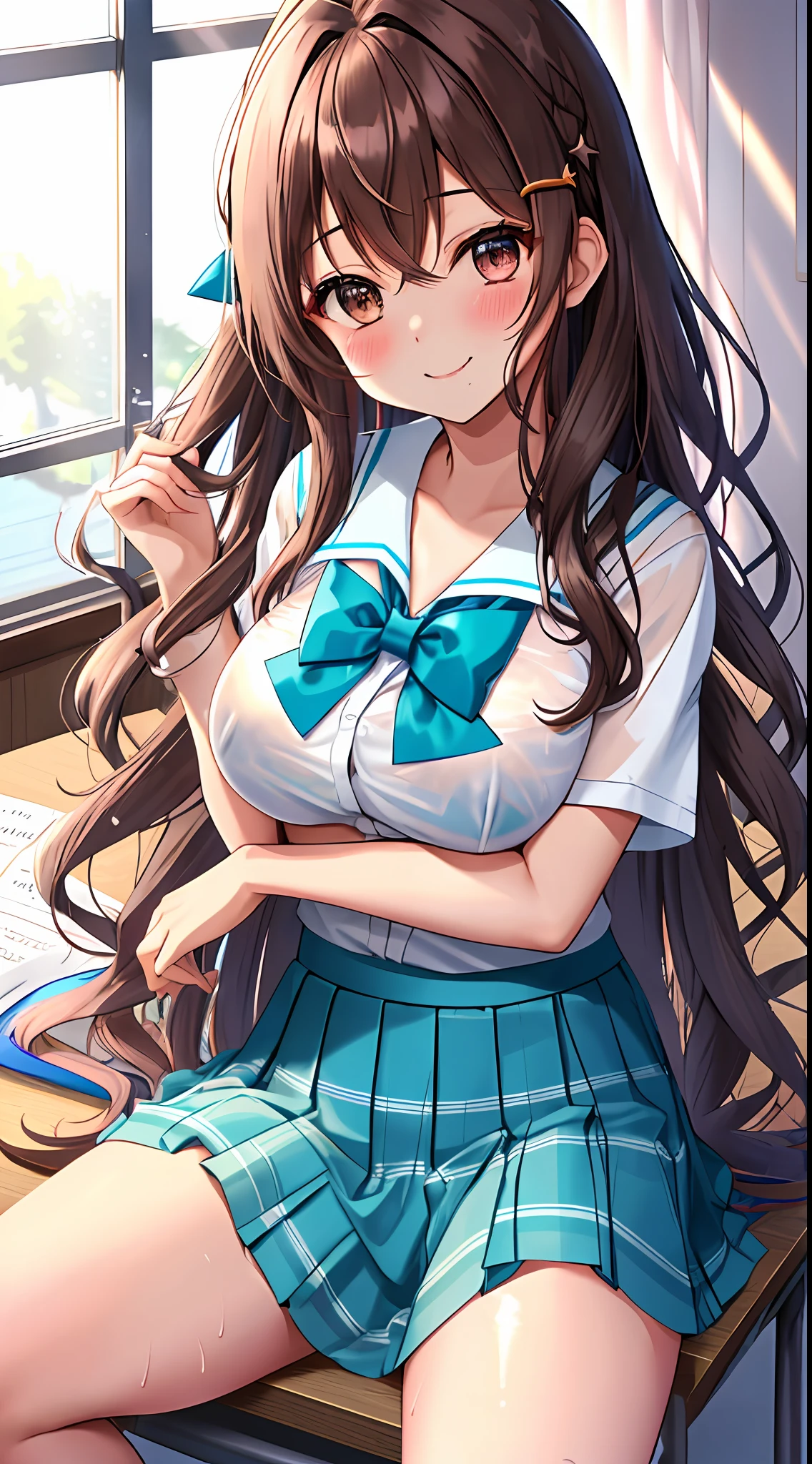 tokino sora, misora shino, hololive , cowboy shot, dynamic angle, young, 18 years old, very long hair, wavy hair, hair between eyes, hair flaps, brown hair, flowing hair, brown eyes, seductive smile, delicate arms and hands, large breasts, aqua bowties, school uniform, white shirt, short sleeves, plaid skirt, wet clothes, aqua clothes, star hair ornament, bare legs, indoors, classroom, extreme close up, lovehandle, best quality, textile shading, an extremely delicate and beautiful,