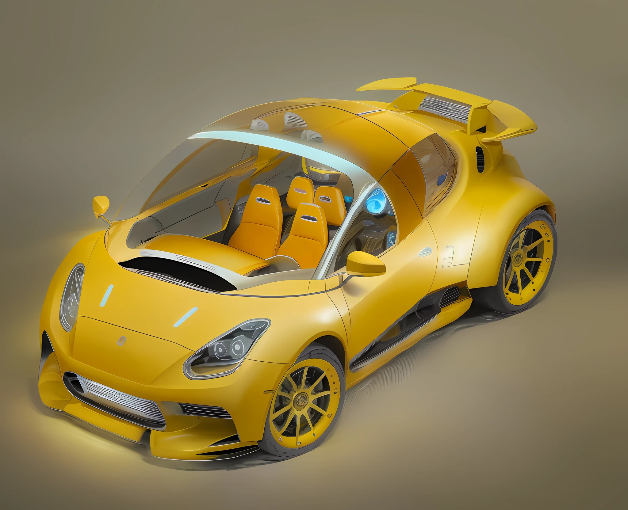 Futuristic car, yellow colored body, orange wheels, thin blue lines
