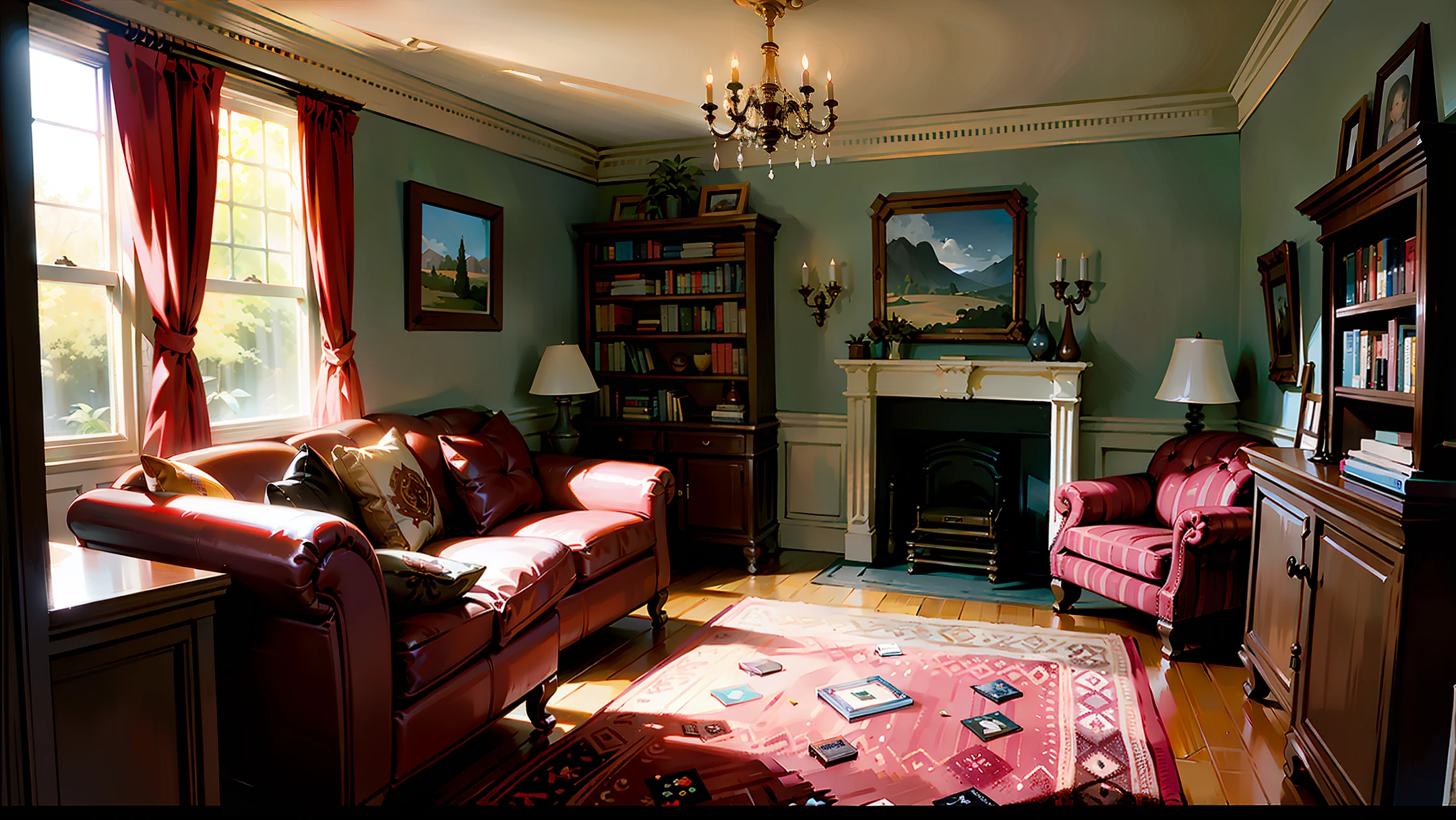 American room. The living room has a dark wood floor and light colored walls. In the living room, there is a dark brown leather sofa positioned in the center, facing a flat screen TV mounted on the opposite wall. Beside the sofa is a wooden coffee table with a few books spread over it. On the sides of the sofa, there are two upholstered armchairs, one on each side, with a small side table between them. On the walls, there are some shelves with decorative objects, such as vases, photo frames and a collection of DVDs. At the back of the room, there is a large window with light curtains, allowing natural light to enter. On the right side of the room, there is a large bookcase full of books and next to it a desk with a computer. In the left corner is a brick fireplace with a painting above it. The room is warm and inviting, with soft lighting coming from several light fixtures scattered around the room.