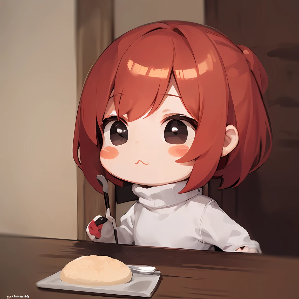 best quality, masterpiece, kyrielight mash, solo, 1girl, black eyes, white turtleneck shirt, (chibi: 0.6), light red hair, sticker, emoji, cute, white background, ((making food))