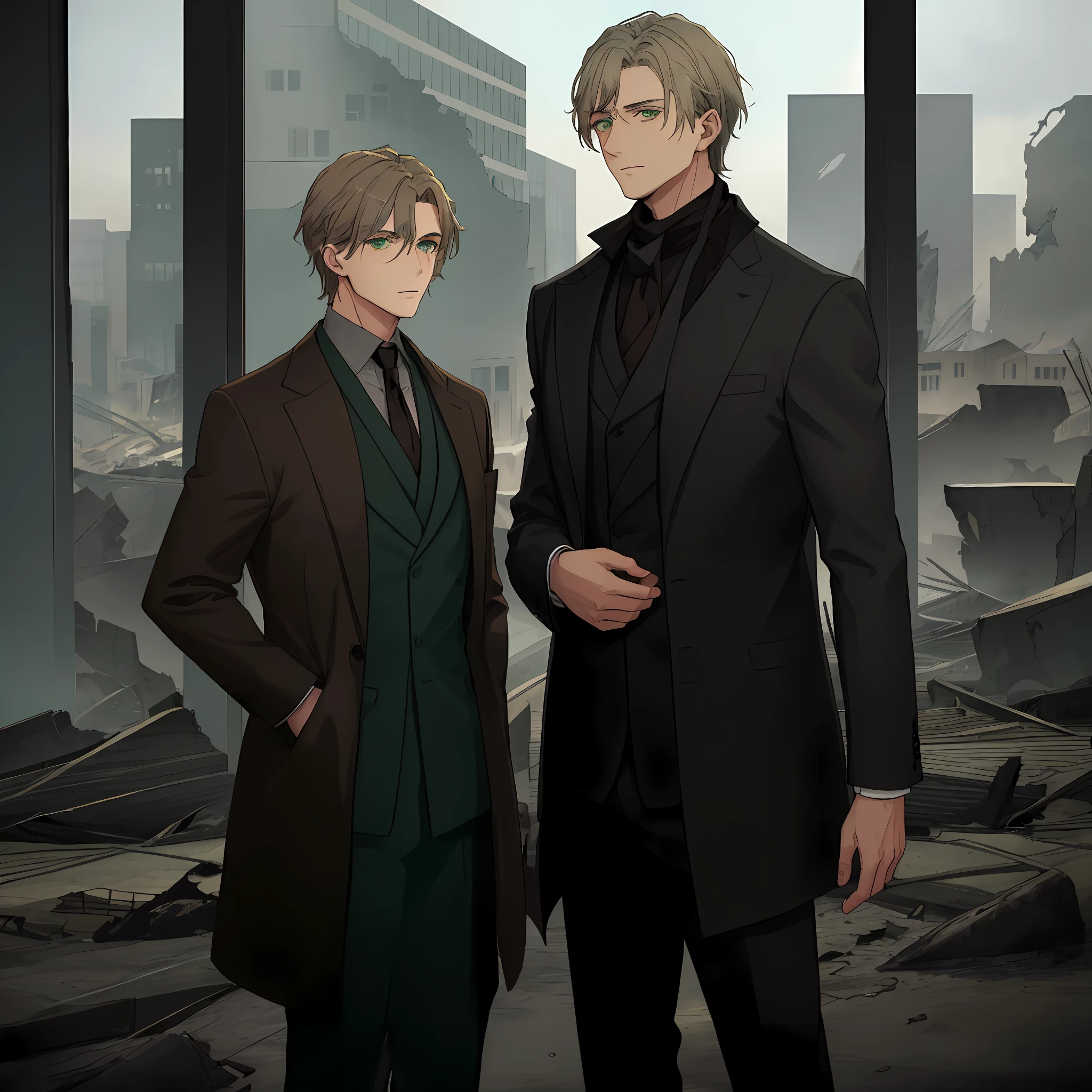 Man with dark blond hair with gray and brown tones, green eyes. elegant, wearing a dark green suit with cyan tones and a black scarf. looking at the view of his destroyed city through a gigantic window, unsympathetic