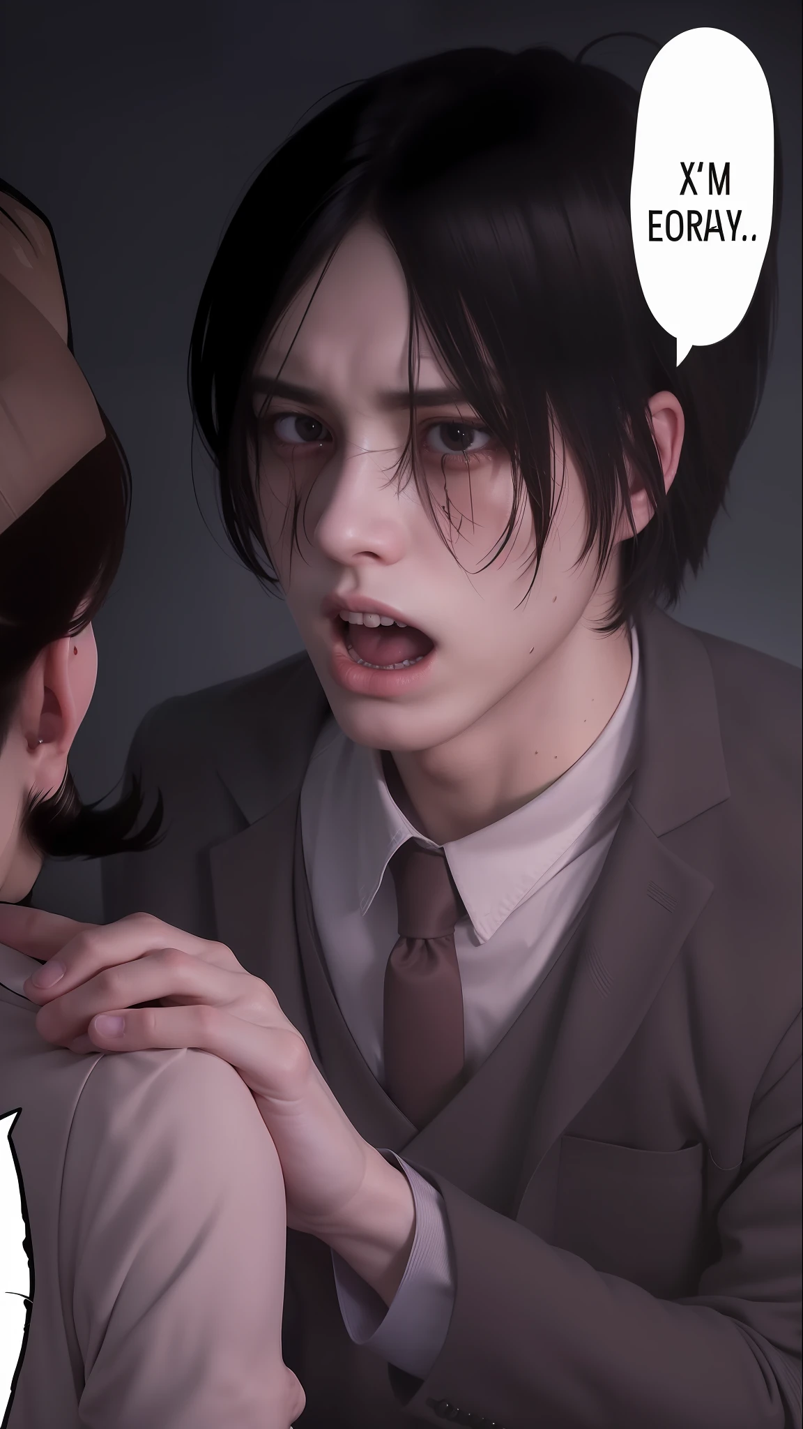 best quality, masterpiece, (realistic: 1.2), 1 man, Eren Jaeger, real life, live action, black jeans, black pants, brown hair, attack on Titan, long hair, crying, suit, suit