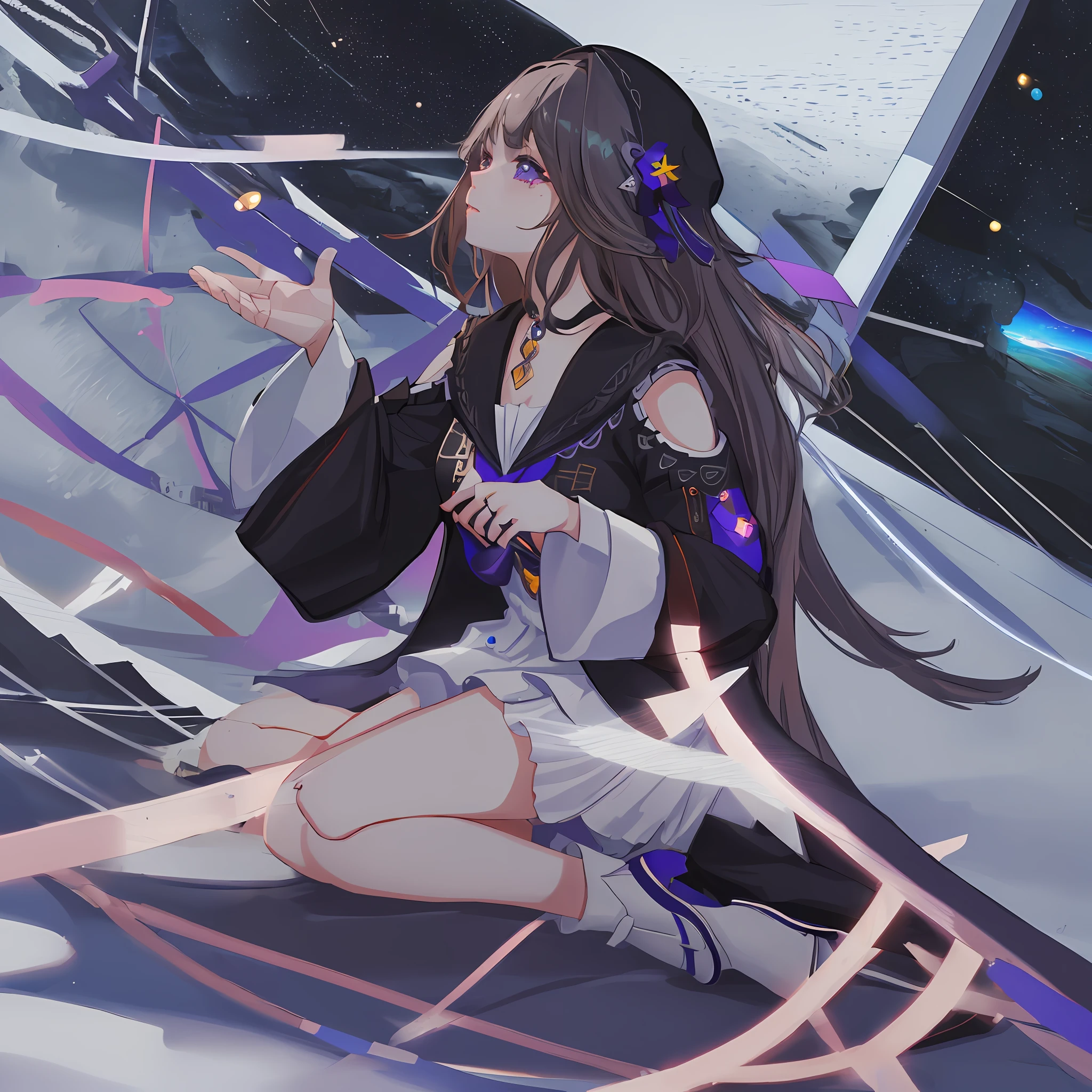 a cute girl, space,(best quality:1.1), (masterpiece:1.2), high quality shadow, beautiful detailed, (high detailed skin, skin details),(wide_landscape,8k), beautiful face, detailed eyes, depth of field, dramatic light, best quality, highres, best shadow, best illumination,