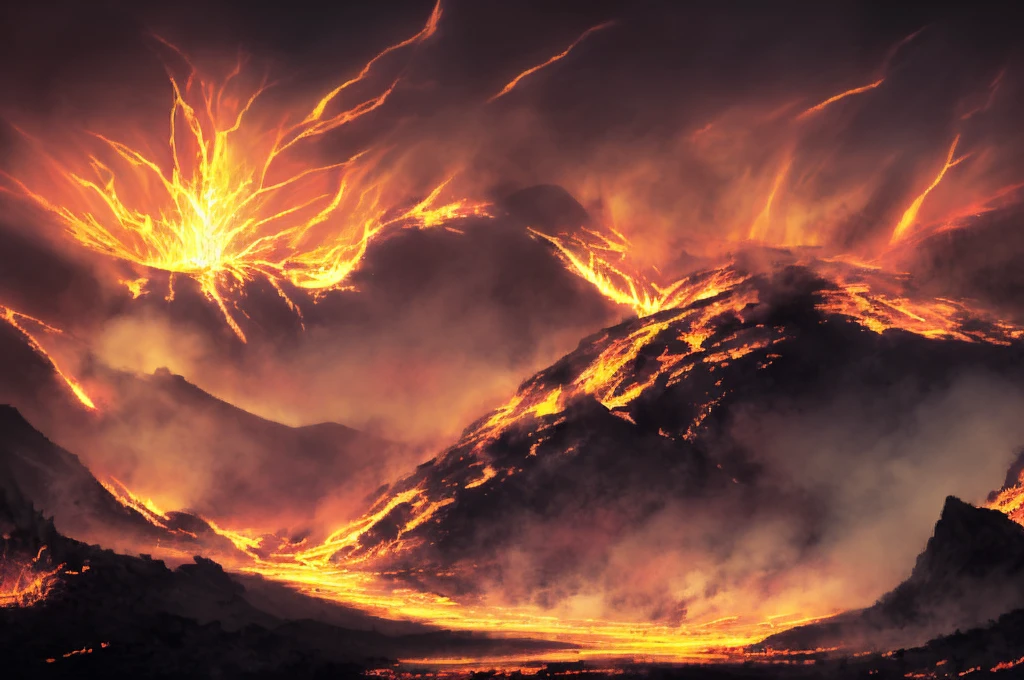 Please generate an image depicting a dramatic scene in a mountainous volcanic region at night under a full moon. The largest volcano, named 'Cálice de Ignis', should be in mid-eruption, spewing glowing lava into the sky and covering the ground with a layer of ash.
In the heart of the valley, there should be a warm forge illuminating the face of a character named Melias, a master blacksmith of the Guardians of Ignis. He should be depicted as a strong figure, holding a heavy hammer over a bar of shimmering magical metal on an anvil.
Beside Melias, a young girl, Aelia, his apprentice, should be holding a piece of glowing 'tide crystal' that pulses with magic. She should be watching Melias intently, learning from his work.
In the distance, against the glow of the erupting volcano, a silhouette of a 'Wind Lion', a creature adapted to this extreme environment, should be visible. The creature should be raising its head, emitting a roar that seems to echo through the mountains.