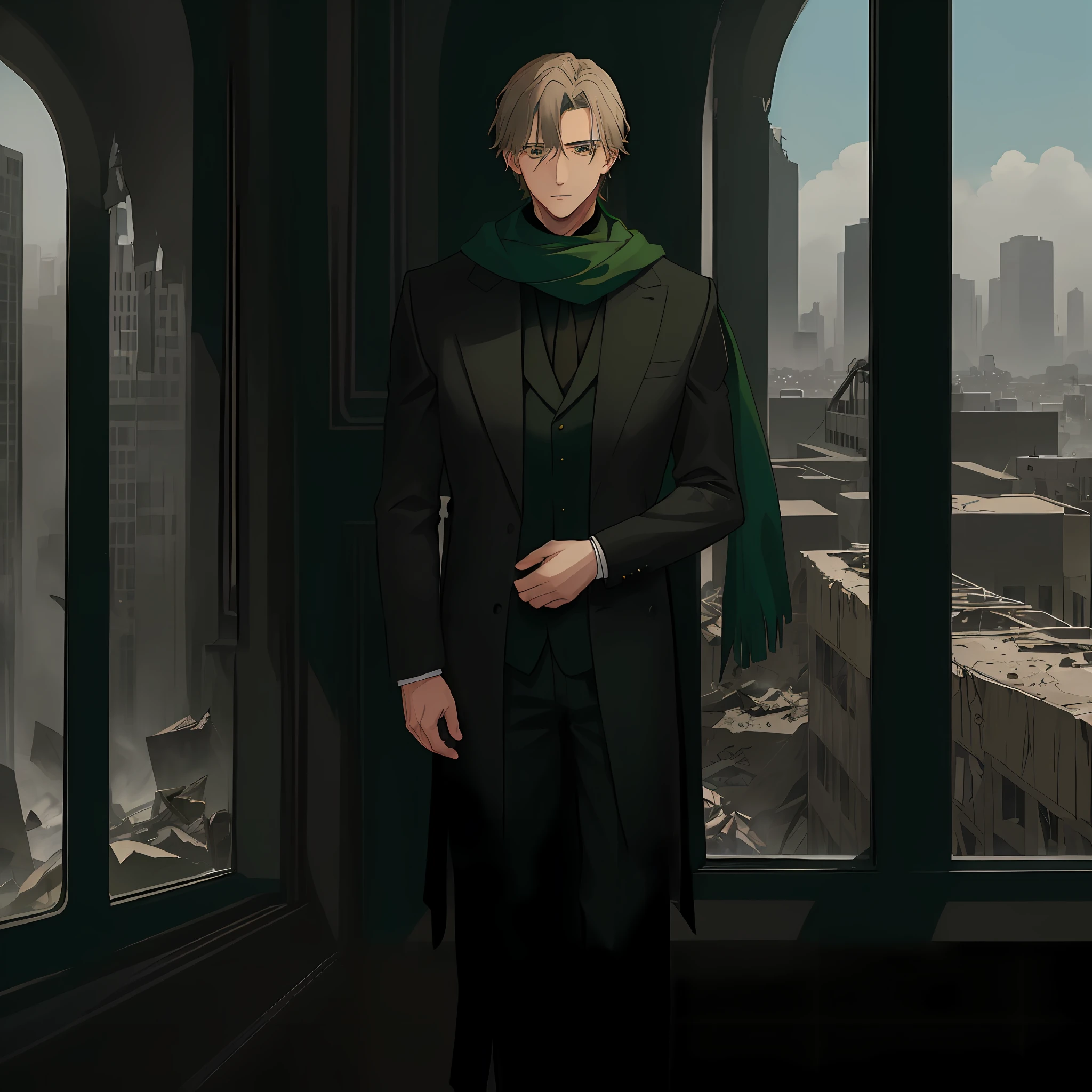 Man with dark blond hair with gray and brown tones, green eyes. elegant, wearing a dark green suit with cyan tones and a black scarf. looking at the view of his destroyed city through a gigantic window, unsympathetic
