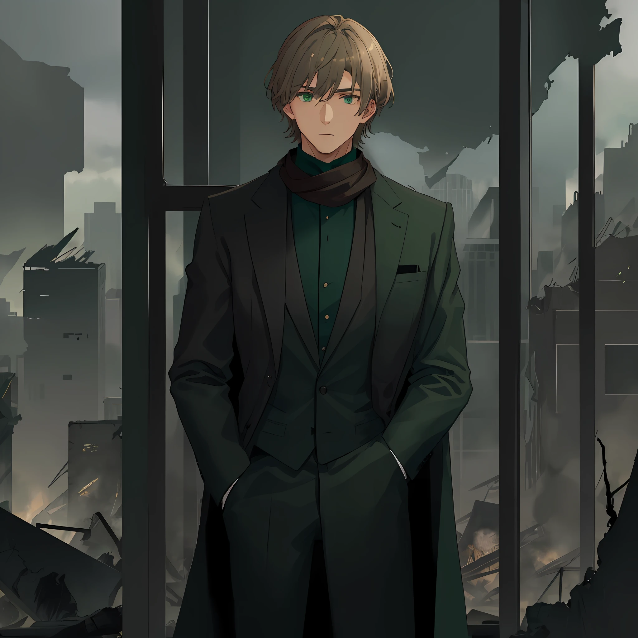 Man with dark blond hair with gray and brown tones, green eyes. elegant, wearing a dark green suit with cyan tones and a black scarf. looking at the view of his destroyed city through a gigantic window, unsympathetic