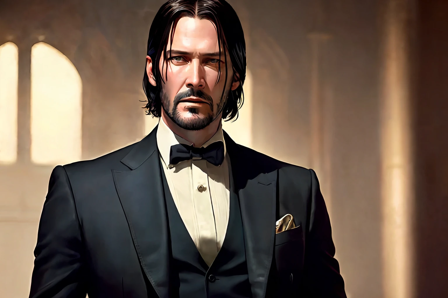 Dieselpunk style, (masterpiece), (magnificent artwork), (masterpiece), closeup John Wick in 1930s mobster clothes, well-tailored and chic suit, vibrant and very detailed eyes, mobster meeting environment, Adobe Illustration, Trending on Artstation, ambient lighting, vivid colors, 50mm bifiocal lens, -
