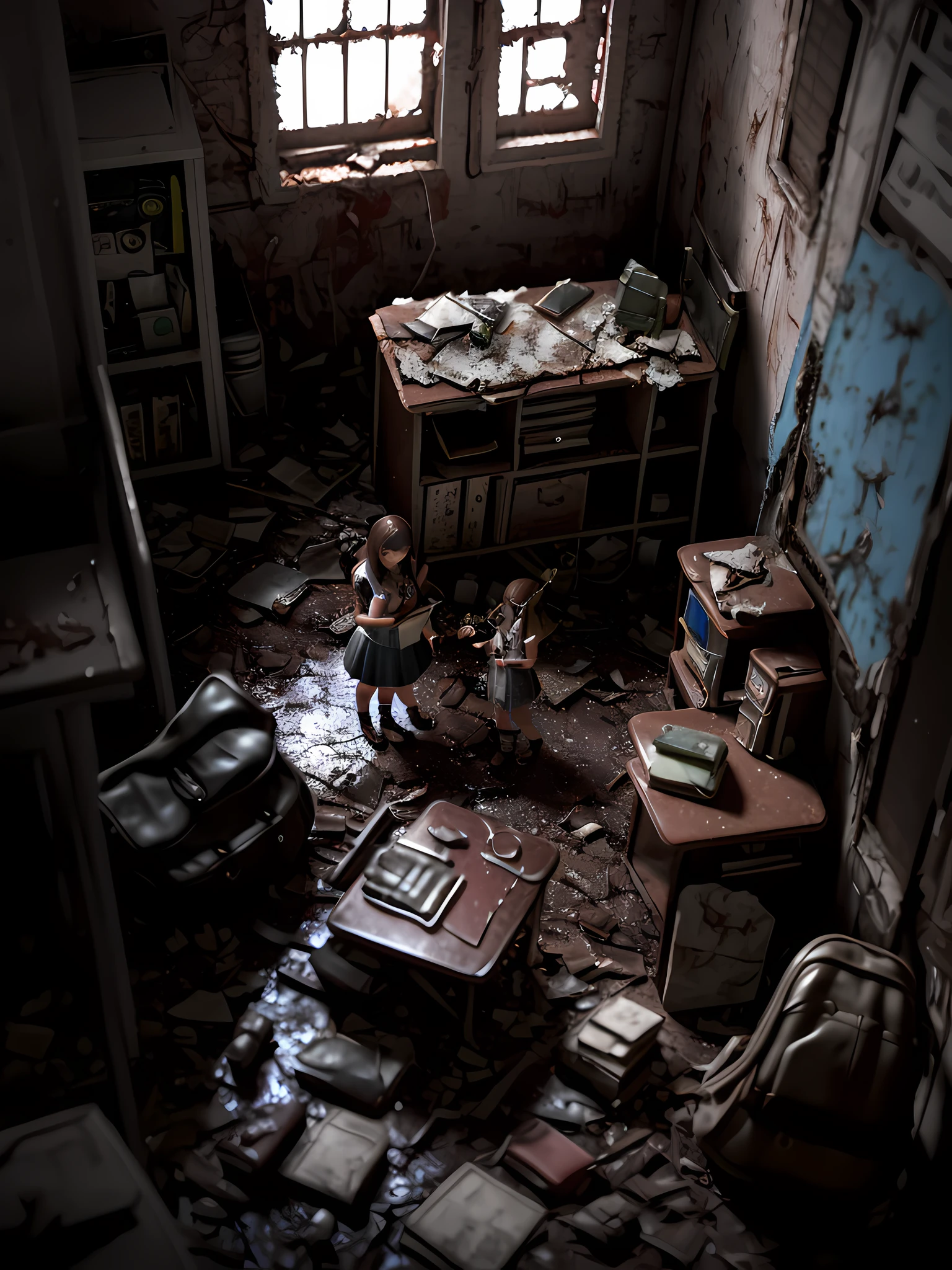 3d render, 1girl, duo, miniature diorama, student about to explore an abandoned classroom in the college, backpack, closed college, concept art