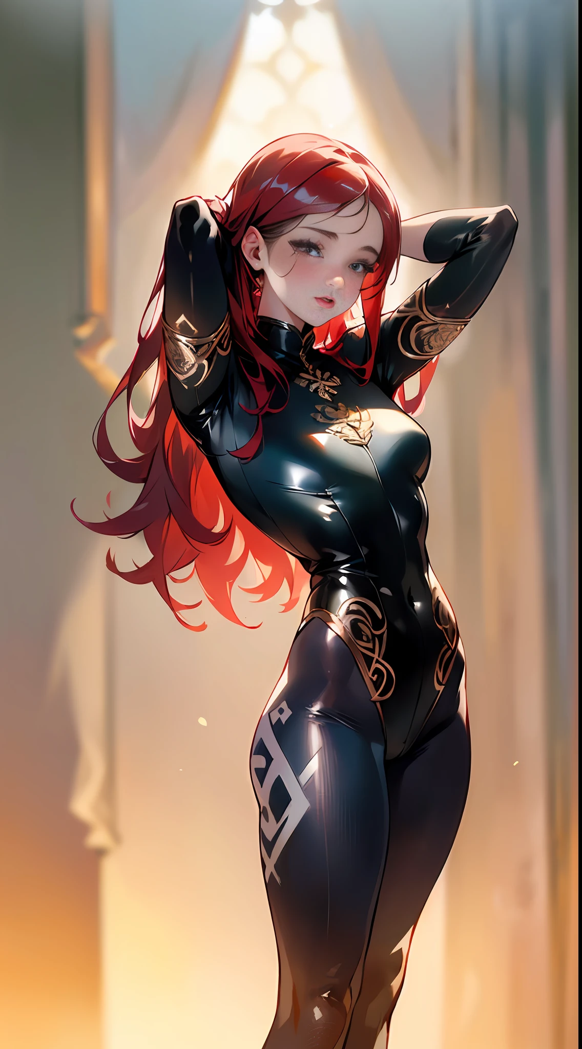 (realistic:1.3), (finely detailed), quality, (masterpiece:1.2), (photorealistic:1.2), (best quality), (detailed skin:1.3), (intricate details), ray tracing, 1girl, 21 years old, Irish cute girl, (hands behind head:1.3), full-length portrait, hold-up tights, red high-heels, (body paint:1.1)