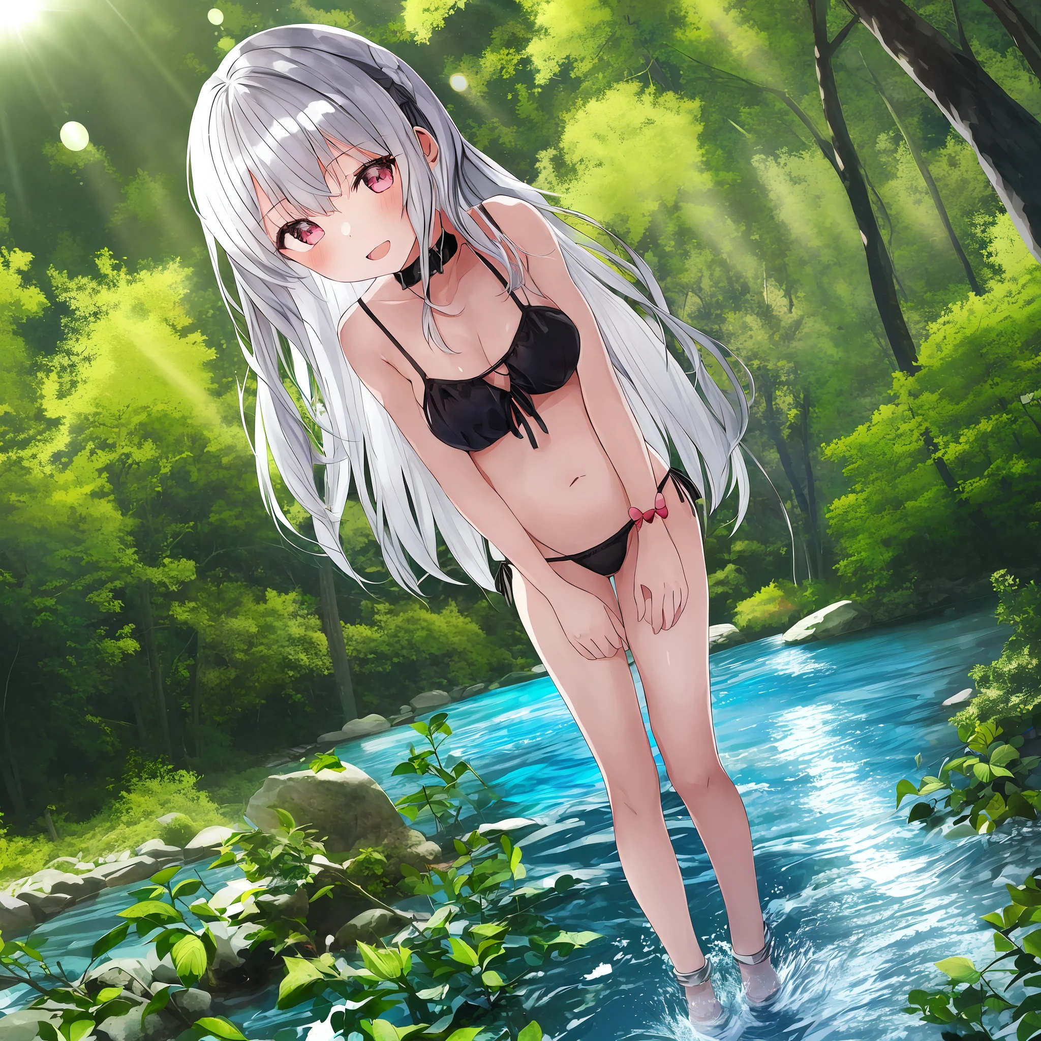 (1 girl), river, li, silver-haired semi-long hair, micro bikini, in the forest with sunshine filtering through the trees, lake, choker, swimming