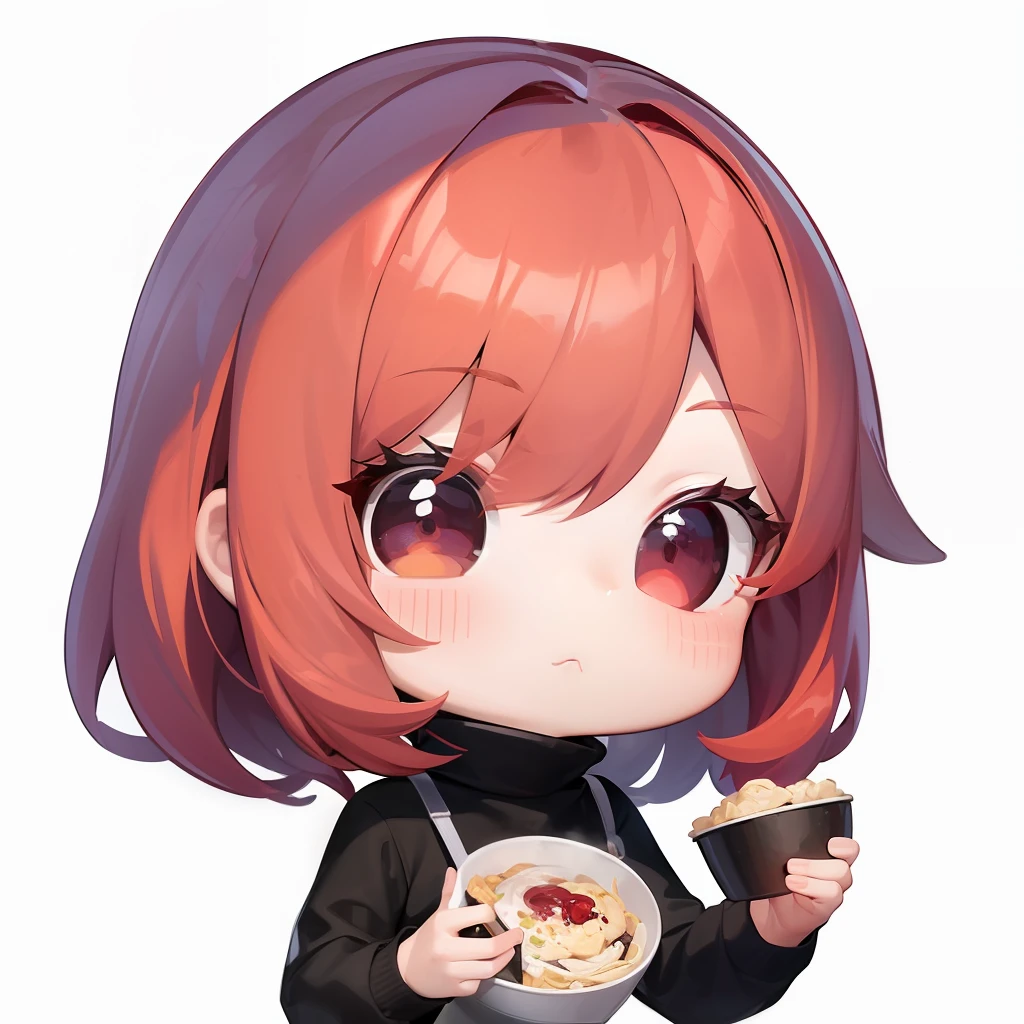 best quality, masterpiece, kyrielight mash, solo, 1girl, black eyes, white turtleneck shirt, (chibi: 0.6), light red hair, sticker, emoji, cute, white background, ((making food))