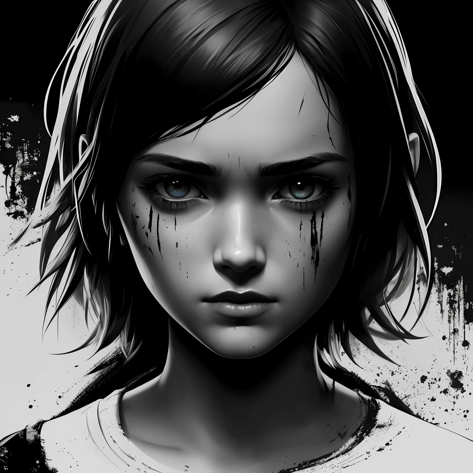t-shirt design, 2D illustration, centered art, black background, face of EllieThe Last Of Us Game, gothic colors, mood of tension and terror, Adobe Illustration, Trending on Artstation, 8K, hd, masterpiece, gorgeous art, intricate details , -