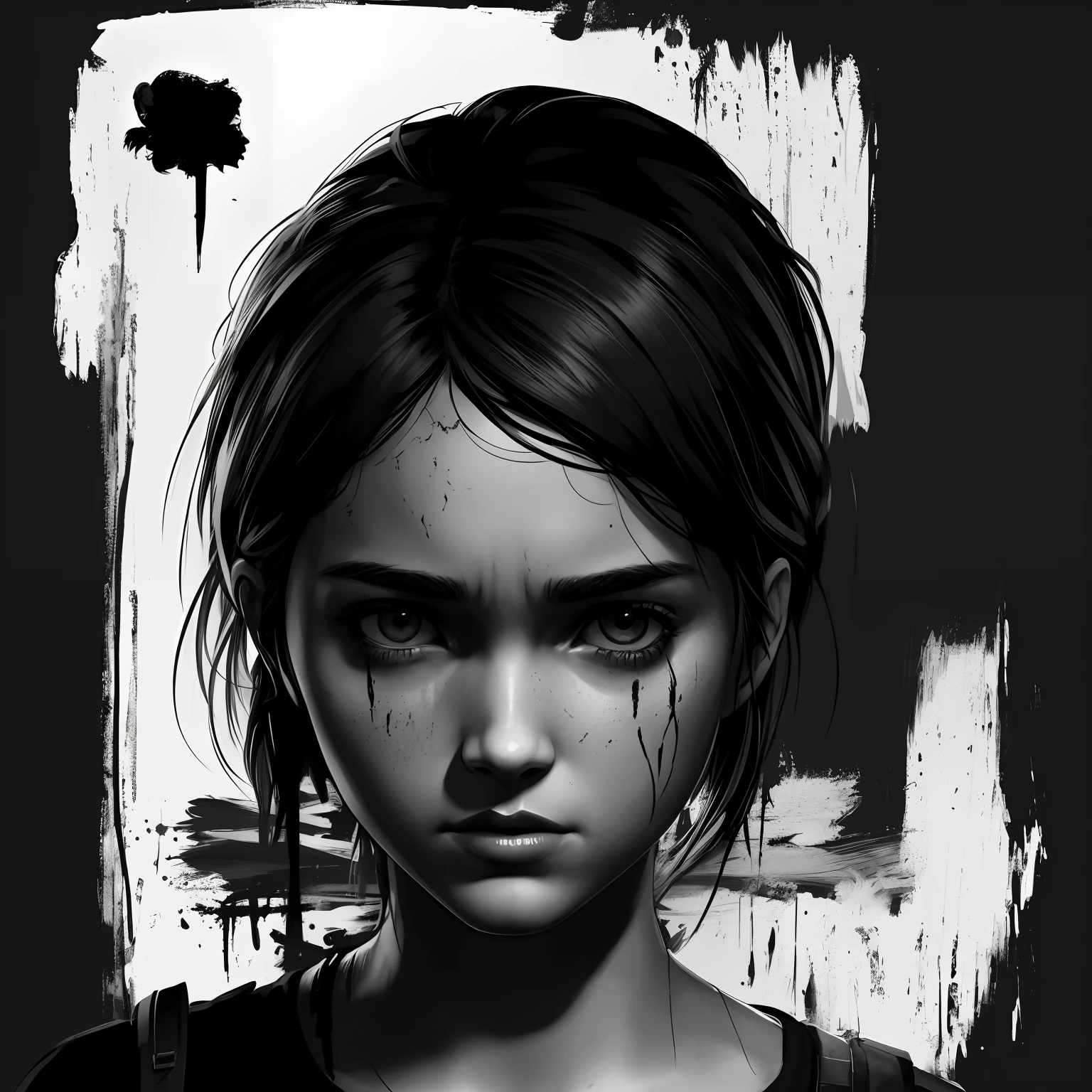 t-shirt design, 2D illustration, centered art, black background, face of EllieThe Last Of Us Game, gothic colors, mood of tension and terror, Adobe Illustration, Trending on Artstation, 8K, hd, masterpiece, gorgeous art, intricate details , -