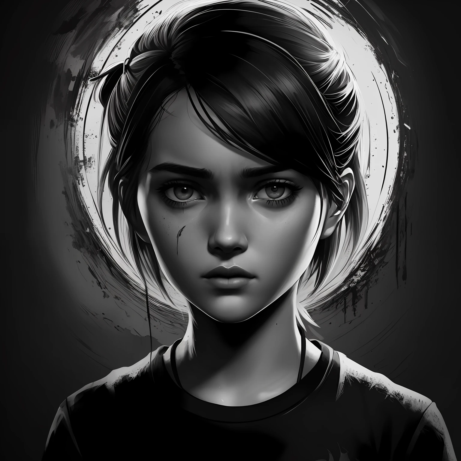 t-shirt design, 2D illustration, centered art, black background, face of EllieThe Last Of Us Game, gothic colors, mood of tension and terror, Adobe Illustration, Trending on Artstation, 8K, hd, masterpiece, gorgeous art, intricate details , -