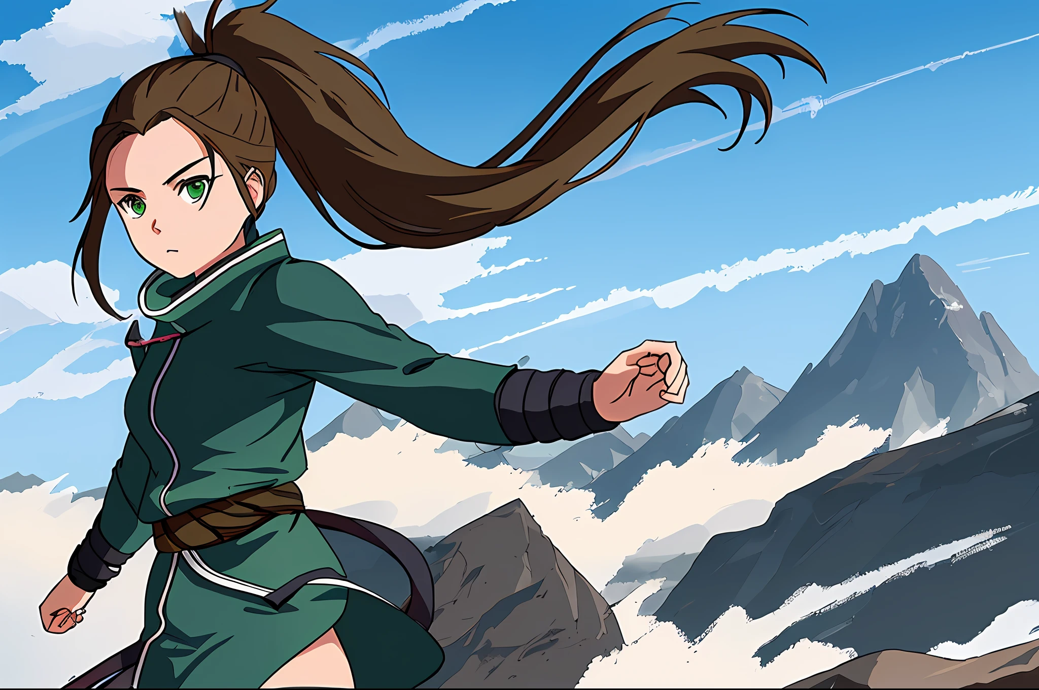 best quality, extremely detailed, 1girl, brown_hair, ponytail, shinobi, kunoichi, ninja, (dynamic angle, dynamic composition), green_eyes, grey coat, surrounded by mountains, blue sky, clouds,
