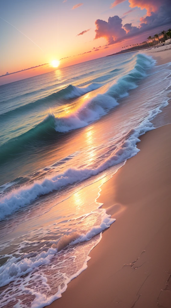 An absolutely mesmerizing sunset over the beach, with a blend of oranges, pinks, and yellows filling the sky. Crystal-clear waters of the sea gently kissing the shore, with sandy white beach stretching far and wide. The scene is dynamic and breathtaking, with seagulls soaring high in the sky and gently swaying palm trees. Take in the calming atmosphere and let the peacefulness wash over you.