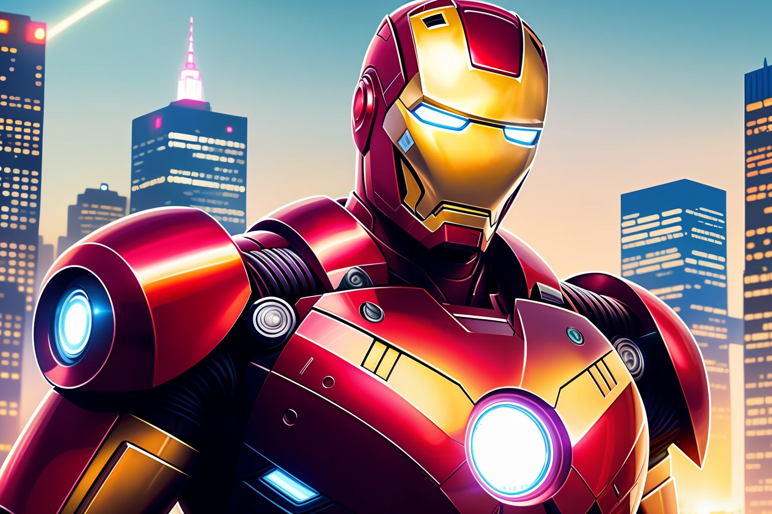 closeup Iron Man, ((HQ style)), vivid colors, battle atmosphere new york city, late sunset, destruction across the city, destroyed cars and buildings, magnificent artwork with intricate details, shiny armor glinting sunrays, Adobe Illustration, Trending on Artstation, 8K, hd, cinematic details, by Stan Lee, -