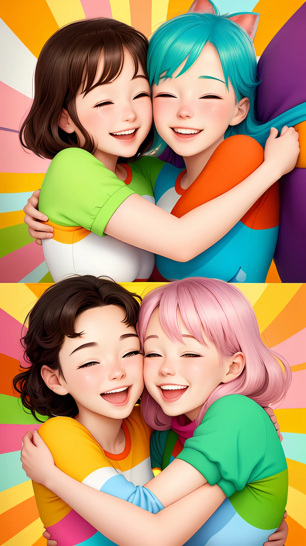 A colorful and energetic cartoon-inspired illustration capturing friends in a realistic style, radiating happiness as they wrap each other in a warm hug, with lively poses and vivid expressions