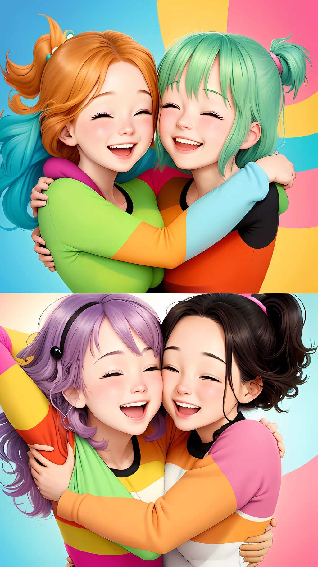 A colorful and energetic cartoon-inspired illustration capturing friends in a realistic style, radiating happiness as they wrap each other in a warm hug, with lively poses and vivid expressions