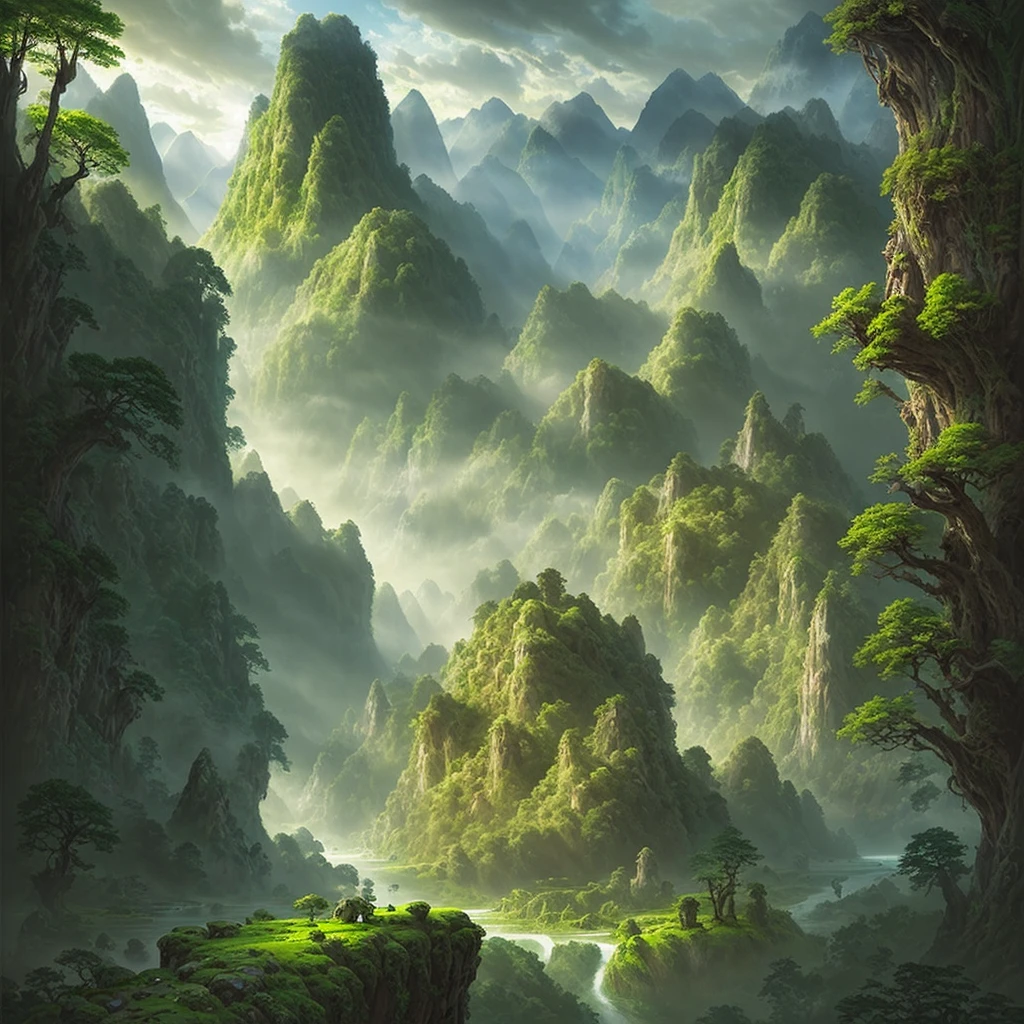 there is a river running through a lush green forest filled with rocks, a matte painting by Raphael Lacoste, Artstation contest winner, fantasy art, medieval fantasy landscape, impressive fantasy landscape, high fantasy matte painting, fantasy matte painting, epic rivendell fantasy, atmospheric fantasy setting, matte painting in fantasy style, epic fantasy landscape, elven architecture