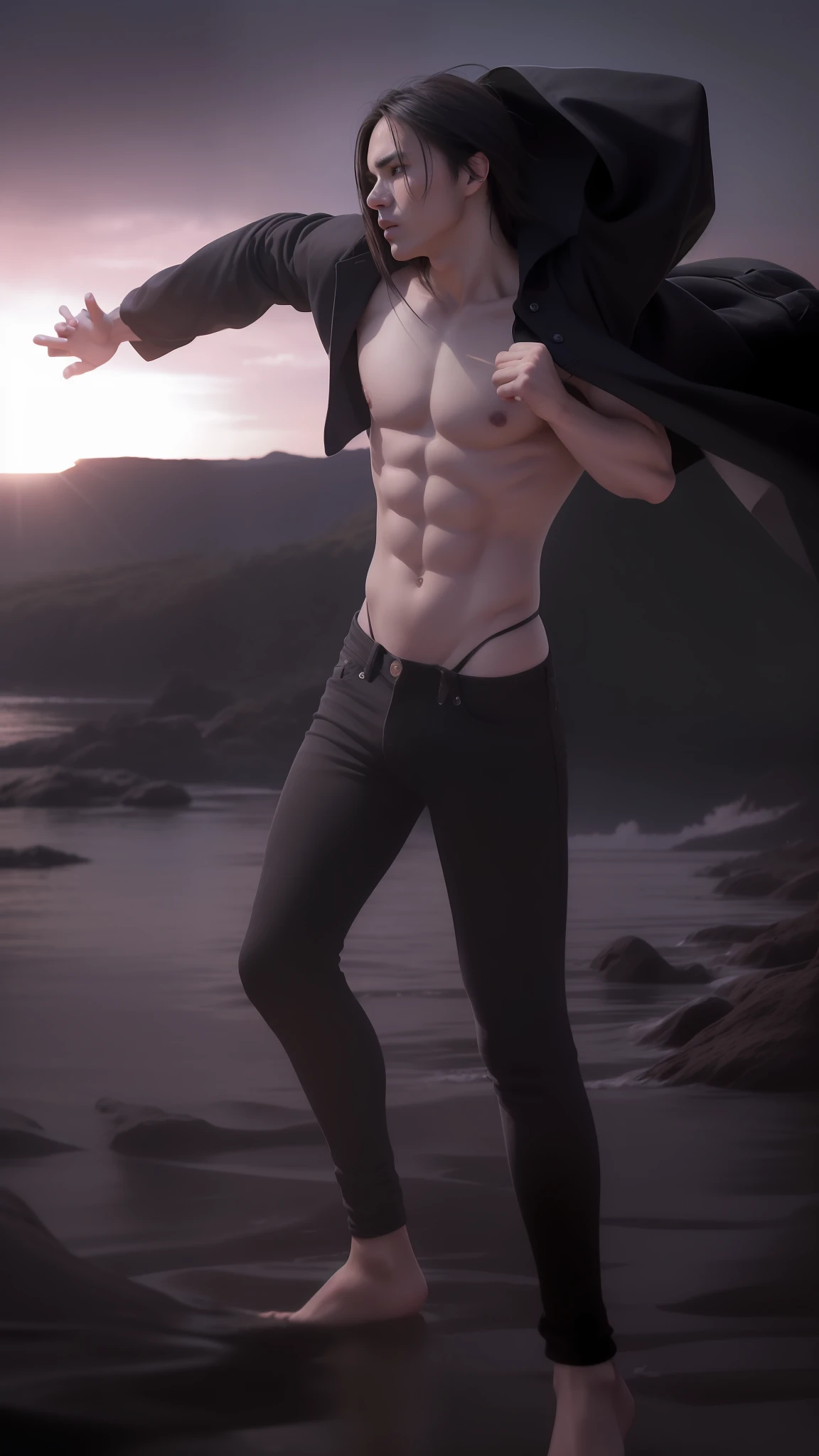 best quality, masterpiece, (realistic: 1.2), 1 man, Eren Jaeger, real life, live action, black jeans, black pants, brown hair, attack on Titan, long hair, crying, abs, muscles, shirtless, sunset background, looking at the sunset, shoeless, black jacket