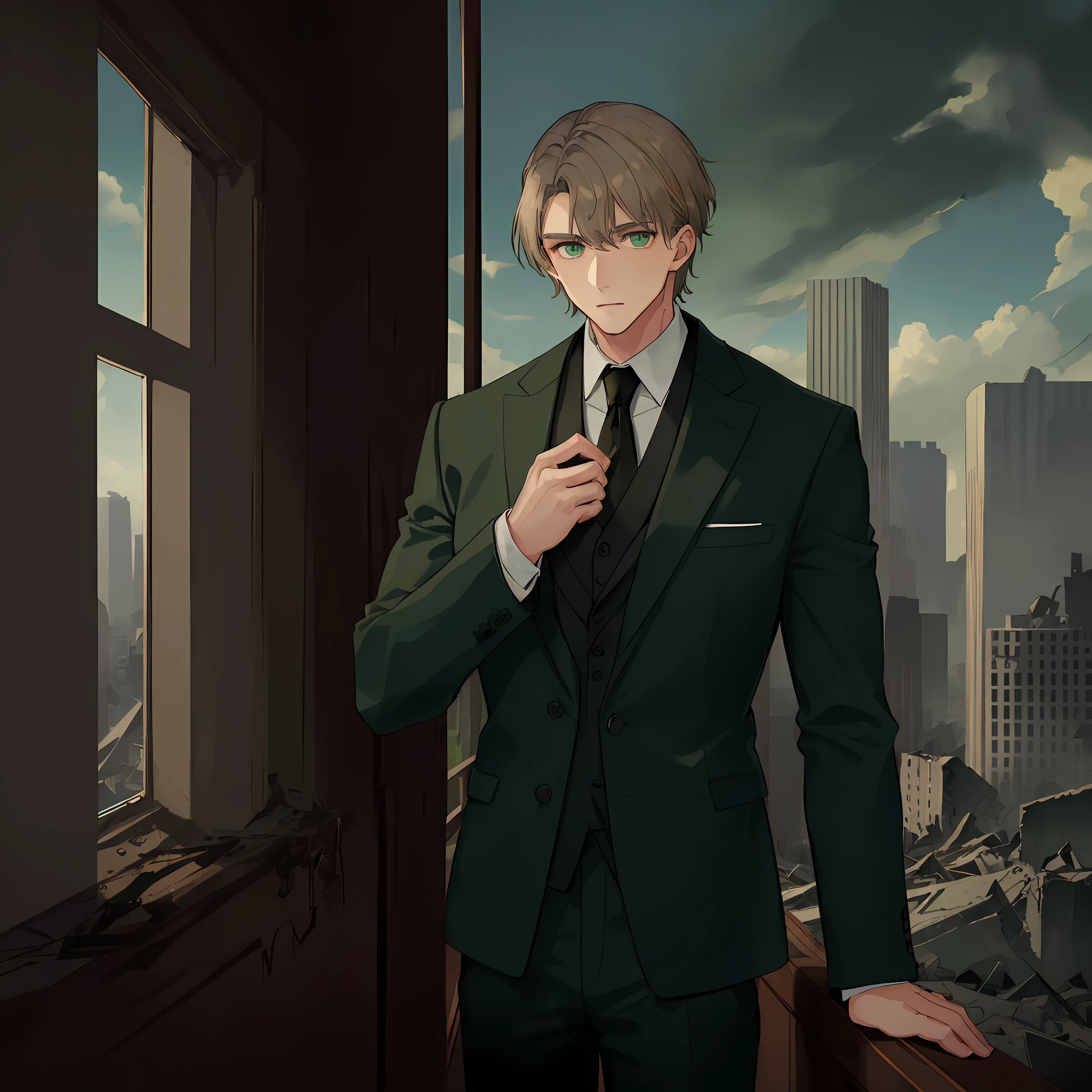 Man with dark blond hair with gray and brown tones, green eyes. elegant, wearing a dark green suit with cyan tones and a black scarf. looking at the view of his destroyed city through a giant window, unsympathetic, gloomy environment, ruins, masterpiece