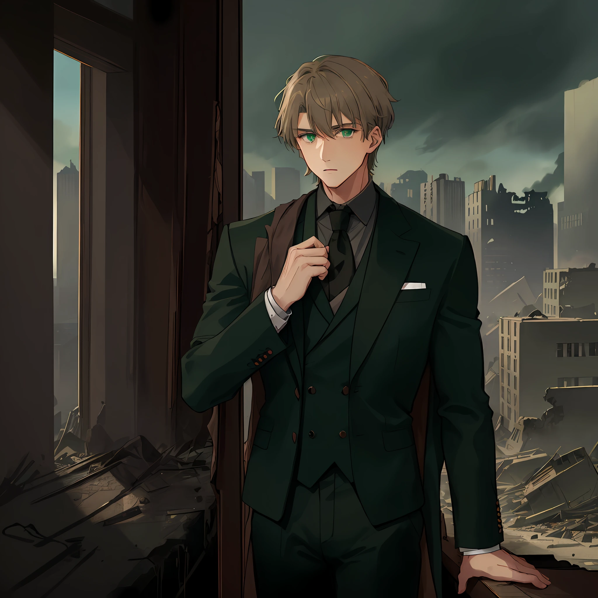 Man with dark blond hair with gray and brown tones, green eyes. elegant, wearing a dark green suit with cyan tones and a black scarf. looking at the view of his destroyed city through a giant window, unsympathetic, gloomy environment, ruins, masterpiece