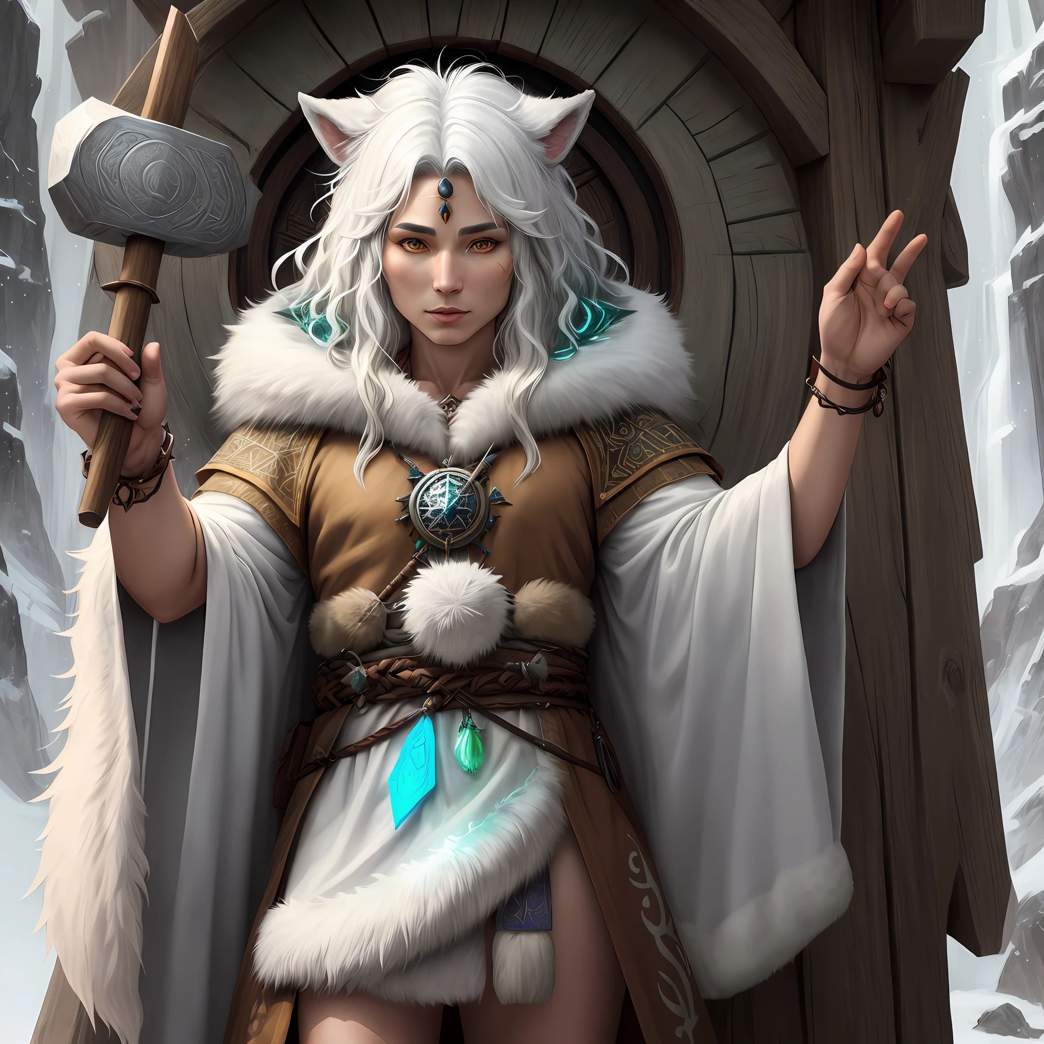 A legendary druid with a shamanic appearance with short, whitish hair, has a coat of wolf fur, wielding a wooden bar with illuminated runes, wears a white and brown wolf fur tunic with medieval mystic characteristics and shaman style with details in fur and leather, with white runes emitting a diffused blue and green light. presence commands respect in an epic full-body shaman pose on the reference sheet.