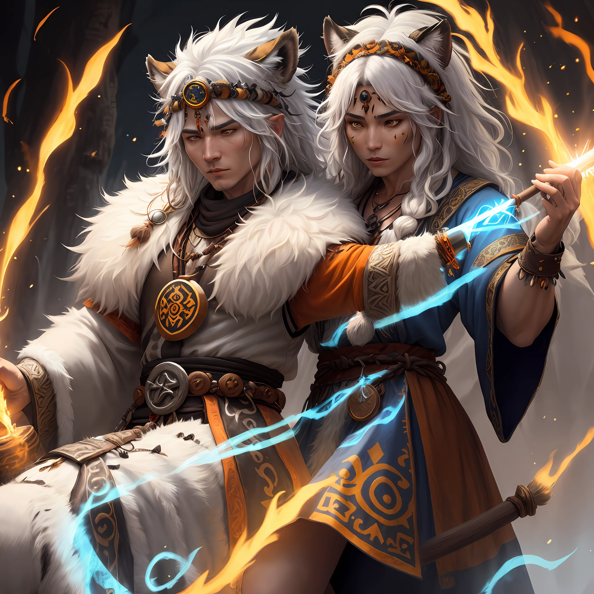 A legendary druid with a shamanic appearance with short, whitish hair, has a coat of tiger hair, wielding a wooden bar with illuminated runes, wears an orange and black tunic of tiger hair with medieval mystic characteristics and shaman style with details in fur and leather, with white runes emitting a diffused blue light. presence commands respect in an epic full-body shaman pose on the reference sheet.