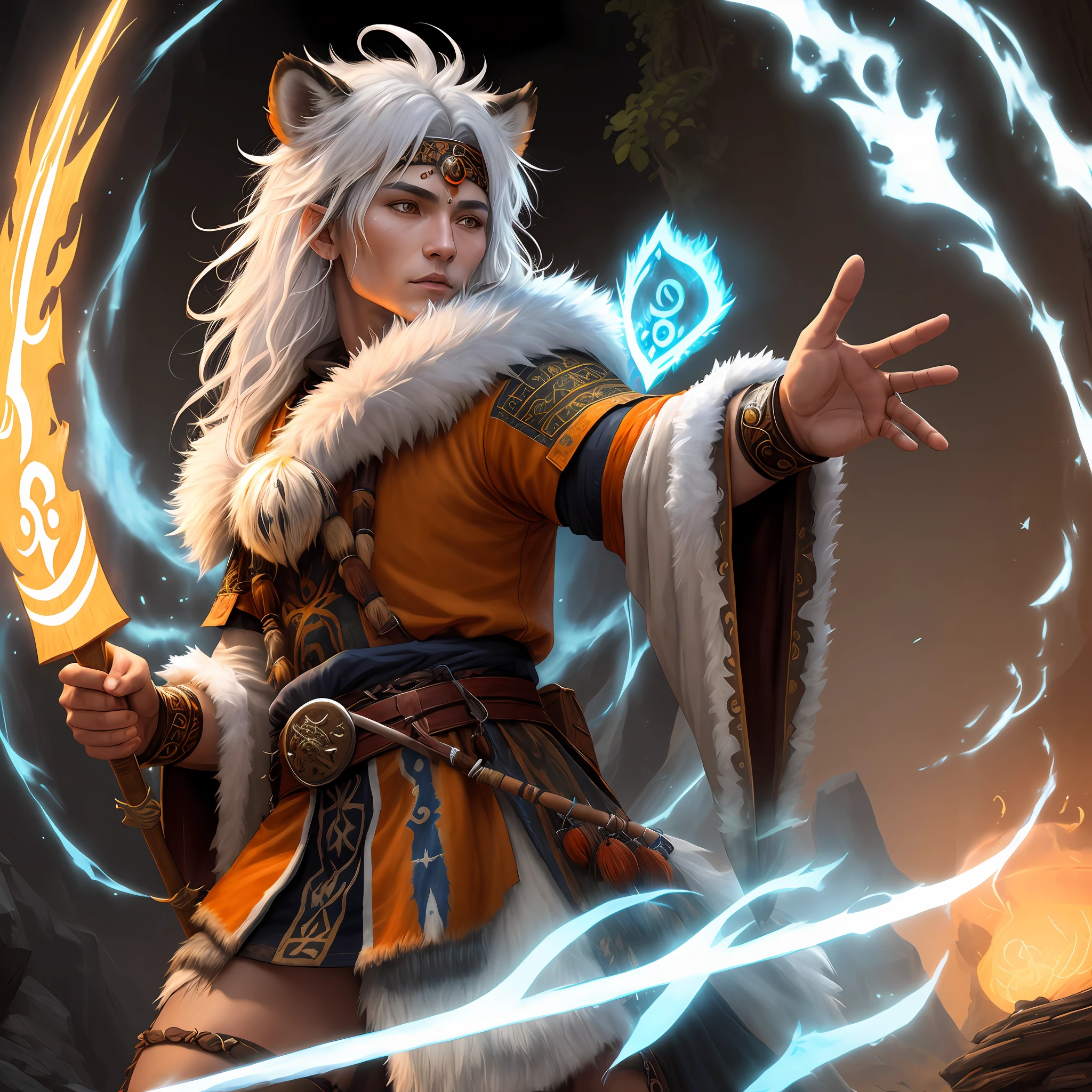 A legendary druid with a shamanic appearance with short, whitish hair, has a coat of tiger hair, wielding a wooden bar with illuminated runes, wears an orange and black tunic of tiger hair with medieval mystic characteristics and shaman style with details in fur and leather, with white runes emitting a diffused blue light. presence commands respect in an epic full-body shaman pose on the reference sheet.