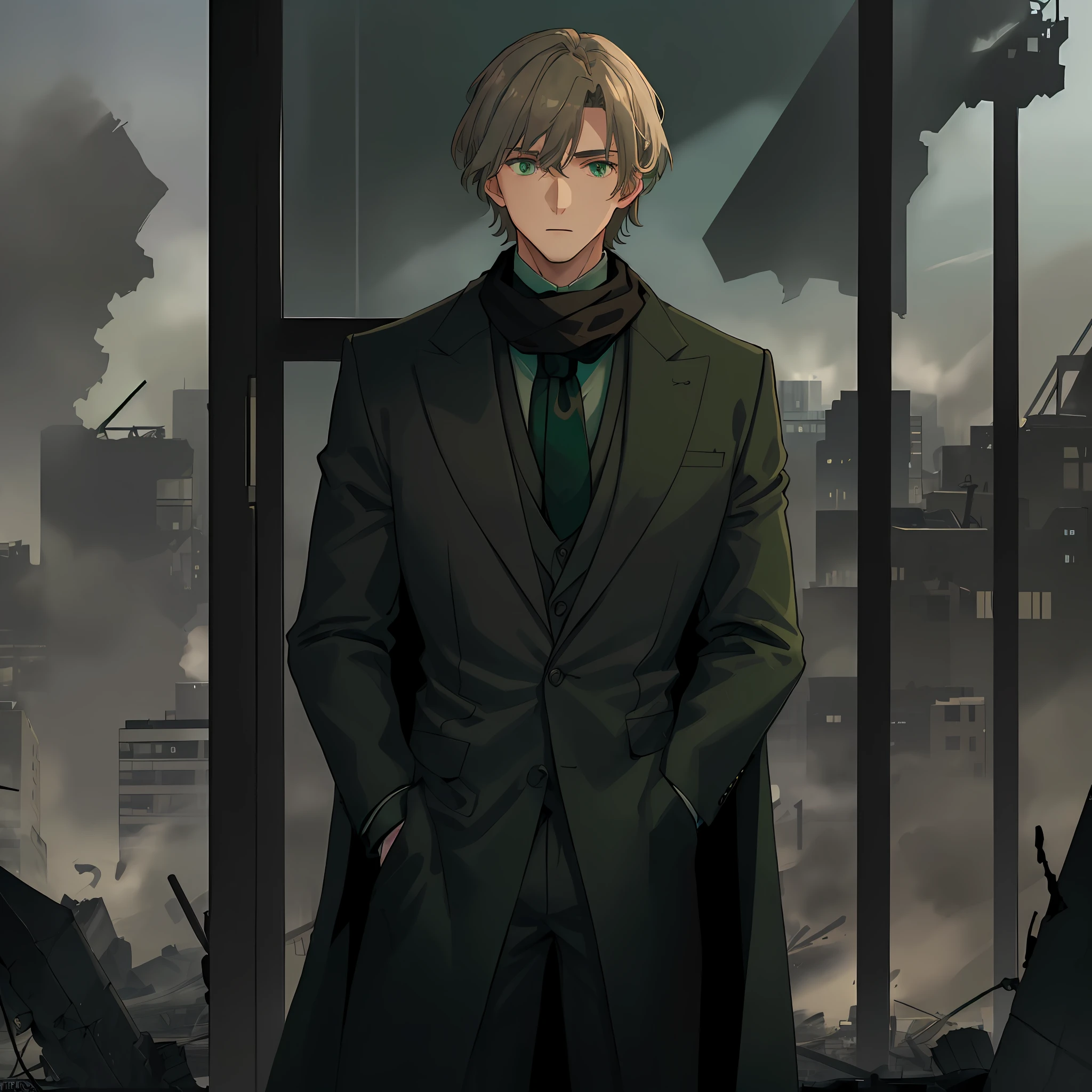 Man with dark blond hair with gray and brown tones, green eyes. elegant, wearing a dark green suit with cyan tones and a black scarf. looking at the view of his destroyed city through a gigantic window, unsympathetic, gloomy surroundings, war drones in the background.