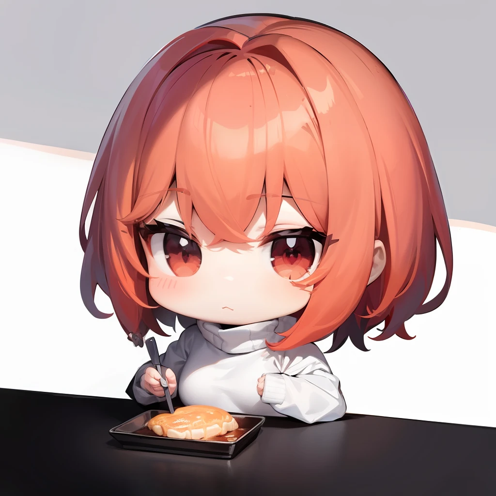 best quality, masterpiece, kyrielight mash, solo, 1girl, black eyes, white turtleneck shirt, (chibi: 0.6), light red hair, sticker, emoji, cute, white background, ((making food))