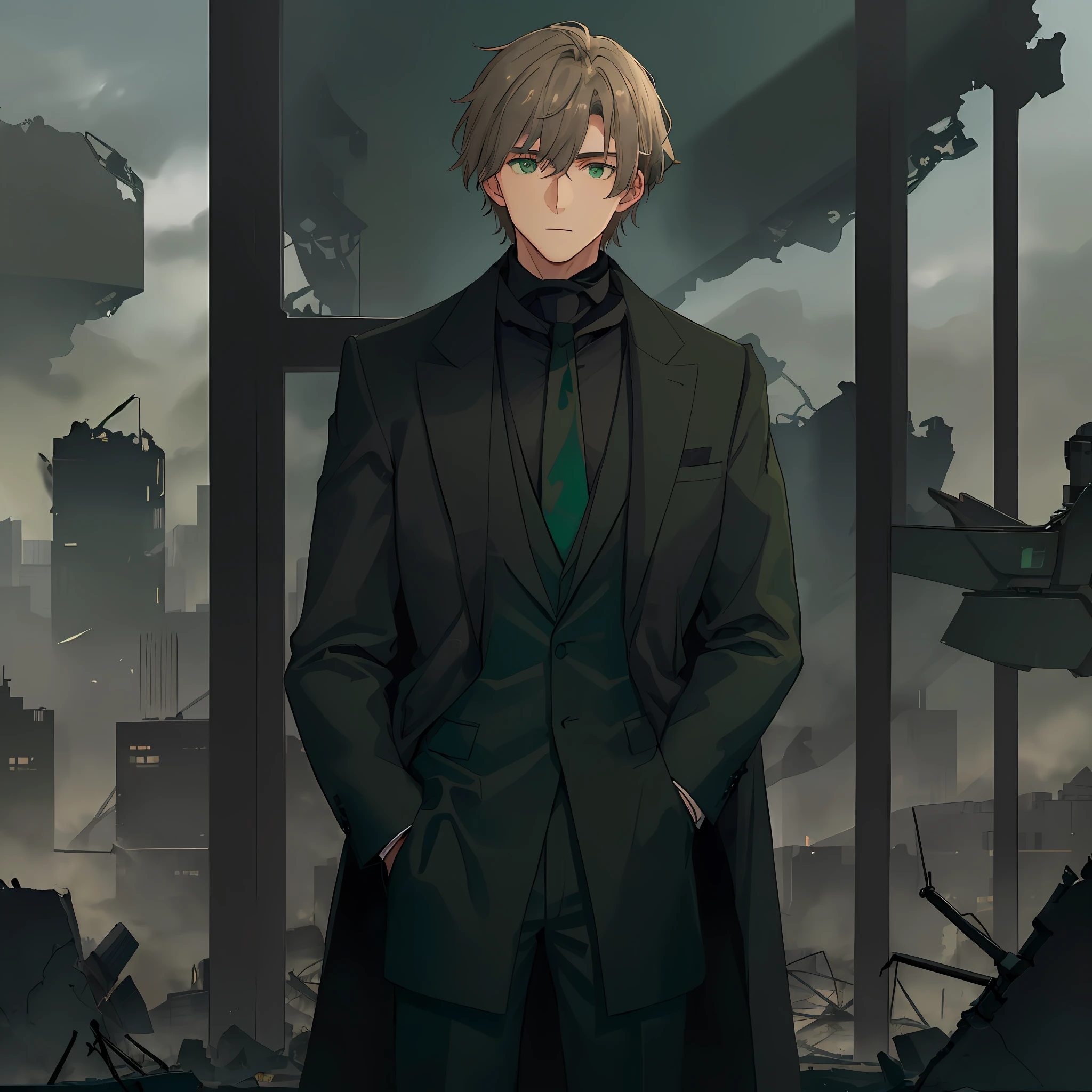 Man with dark blond hair with gray and brown tones, green eyes. elegant, wearing a dark green suit with cyan tones and a black scarf. looking at the view of his destroyed city through a gigantic window, unsympathetic, gloomy surroundings, war drones in the background.